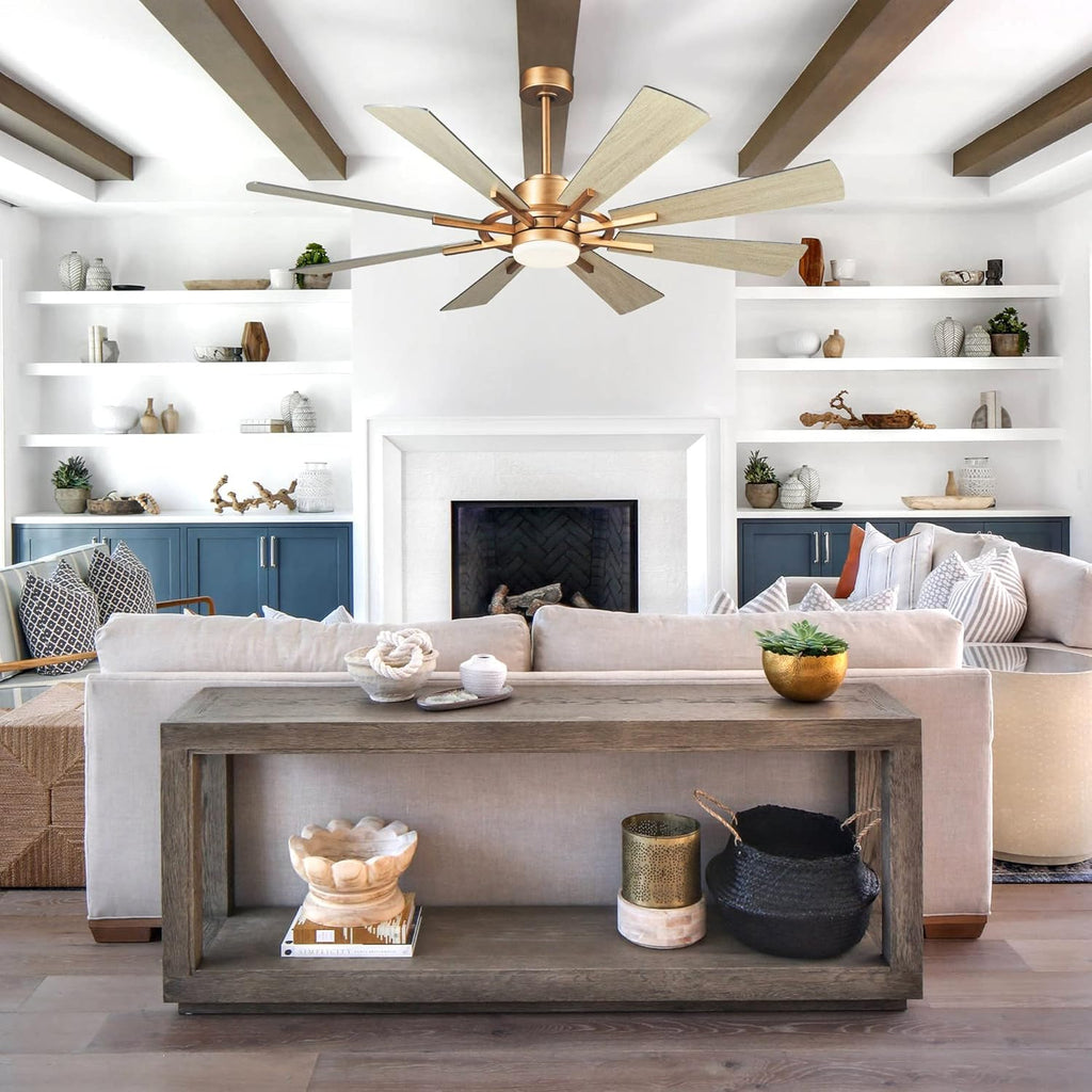 60 Inch Gold Ceiling Fans with Lights and Remote, Modern Large Outdoor Ceiling Fans for Patios, Quiet Reversible DC Motor, 6 Speeds, 3CCT, Timer, Chandelier Ceiling Fan for Living Room Bedroom