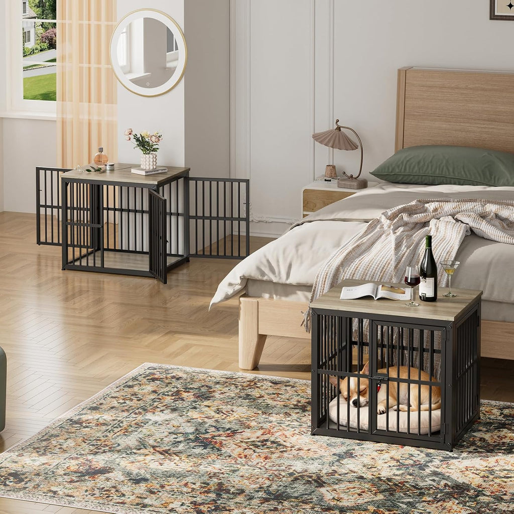 Lyromix 54'' Dog Crate Furniture with Double Rooms,Wooden Crate End Table Heavy Duty Indoor Puppy Cage for 2 Small Dogs, Multiple Units Can be Combined, Grey