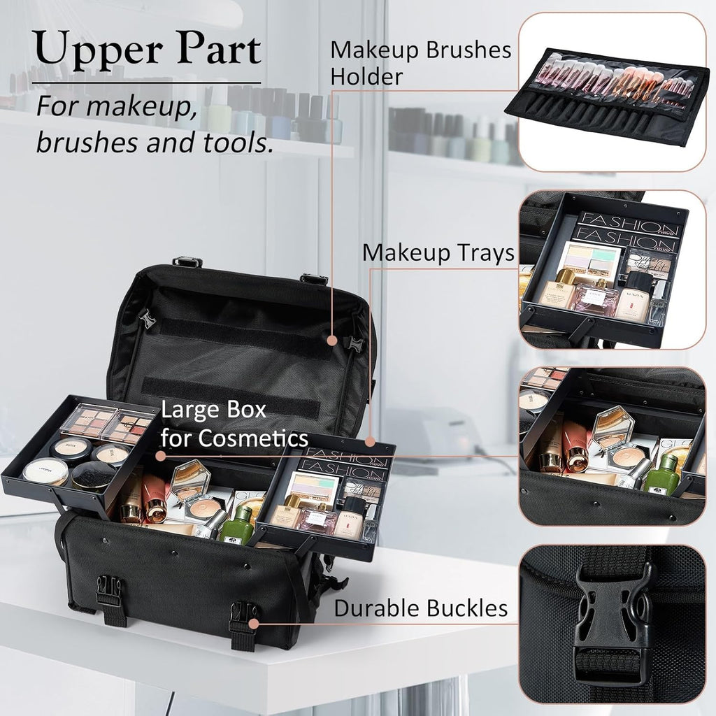 Stagiant Professional Rolling Makeup Case Soft Sided Cosmetology Organizer Wheeled Nylon Train Case Portable Travel Supply Station for Makeup Artist Nail Technician Hair Stylist Crafters