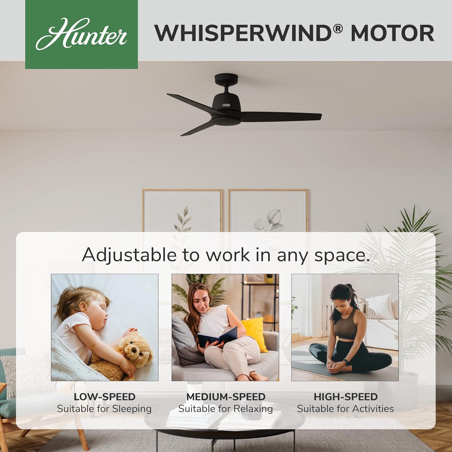 Hunter 52 inch Indoor Ceiling Fan No Light with Remote Control - Black Ceiling Fan without Light, Standard Mount, 3 Blades, For Bedroom, Living Room, or Kitchen - Malden 52606, Matte Black