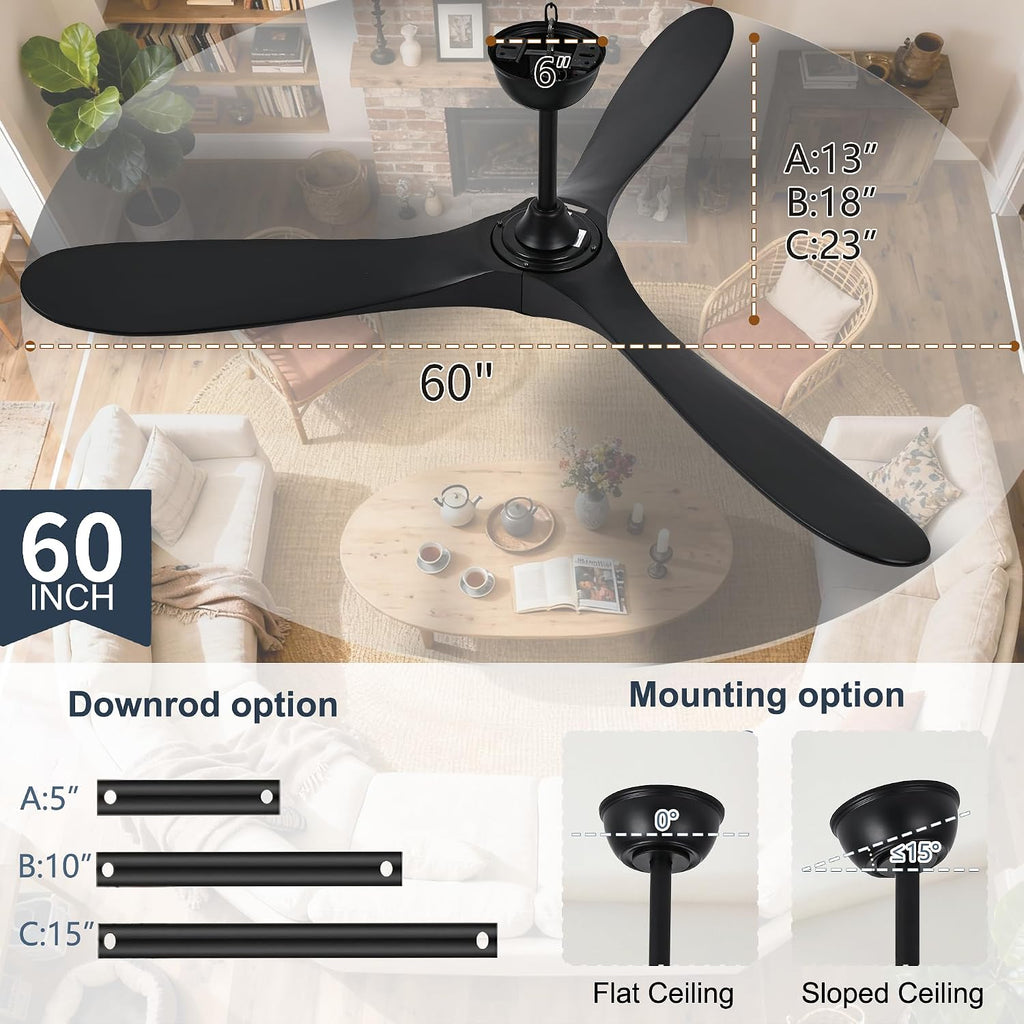 Ceiling Fan with Light and Remote, Modern Outdoor Ceiling Fans with Lights for Indoor Bedroom Living Room Patios Gazebo Wood 3 Blade Propeller High CFM Wet Rated Exterior Fan, Black 60 Inch