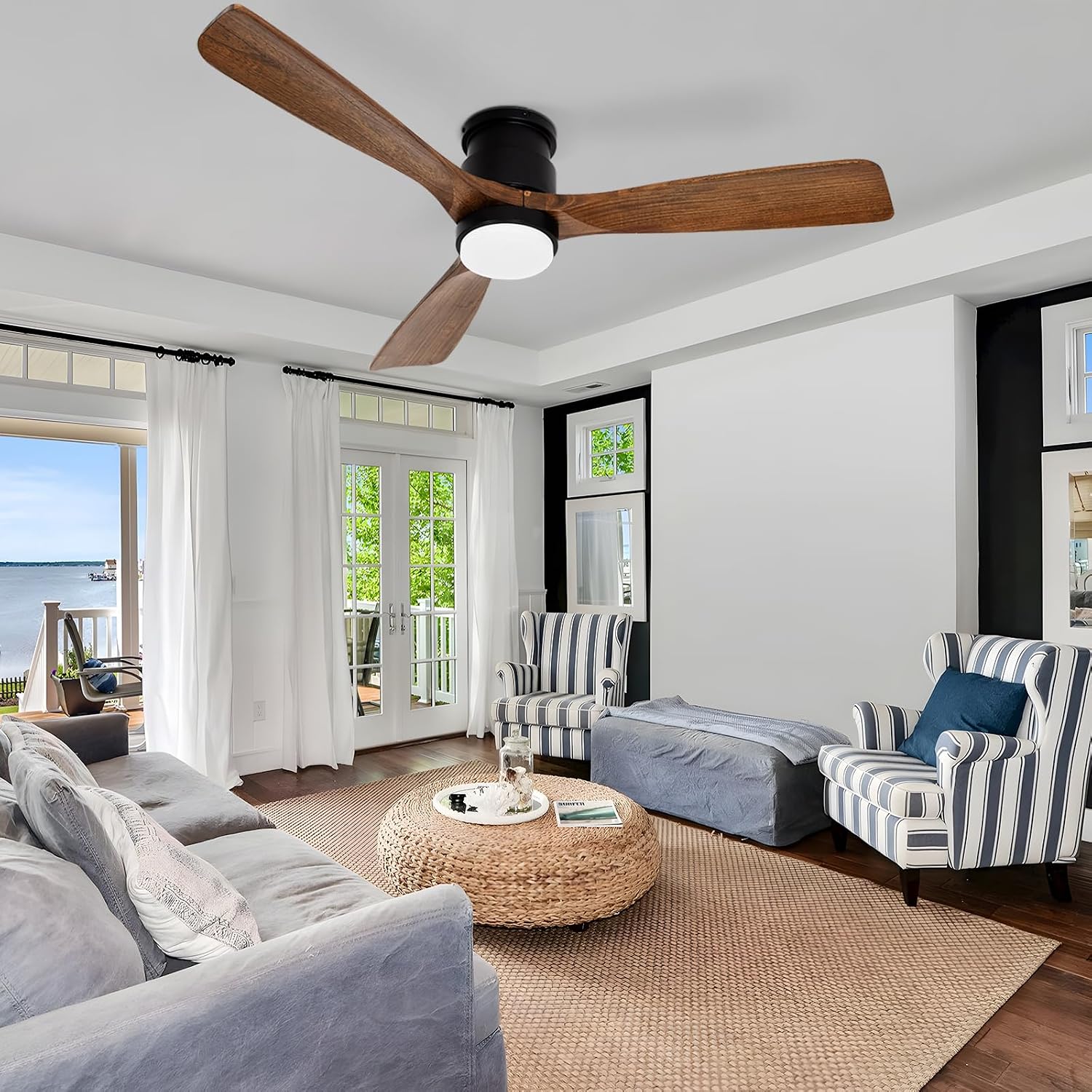 52 Inch Ceiling Fans with Lights Remote, Amber solid wood Low Profile Flush Mount Ceiling Fan with Light, Timing Silent Reversible DC Motor LED Fan Lighting Indoor Outdoor Fans for Farmhouse Bedroom