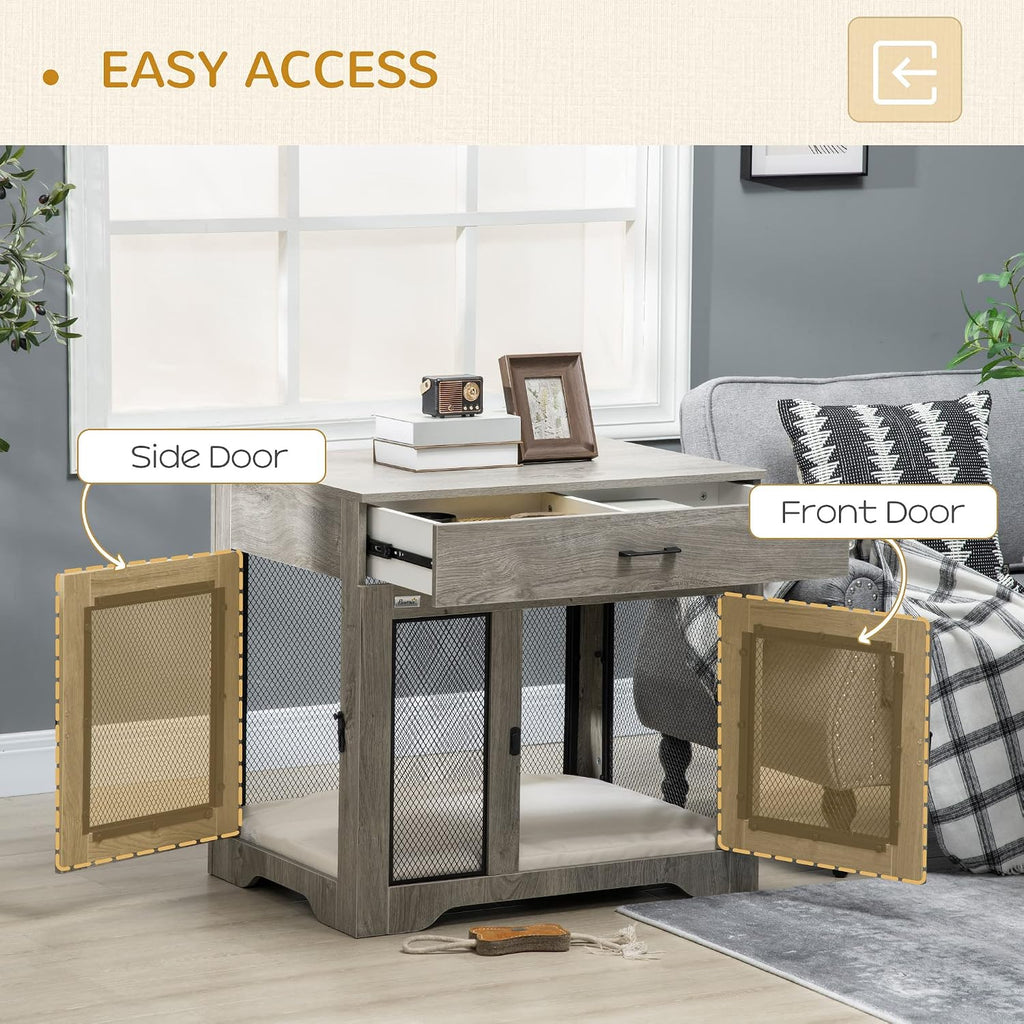PawHut Dog Crate Furniture with Soft Water-Resistant Cushion, Dog Kennel End Table with Drawer, Puppy Crate for Small Dogs Indoor with 2 Doors, Gray