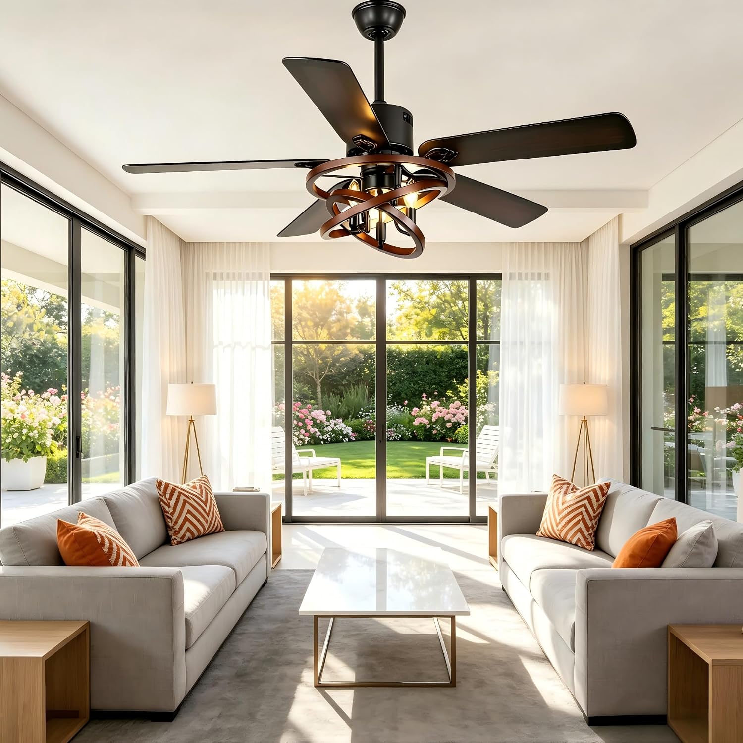 52' Farmhouse Ceiling Fan with Lights and Remote Control, Rustic Fandalier Ceiling Fan DIY Shape Caged Chandelier Light for Living Room Indoor Outdoor, 3 E12 Bulbs (Not Included)