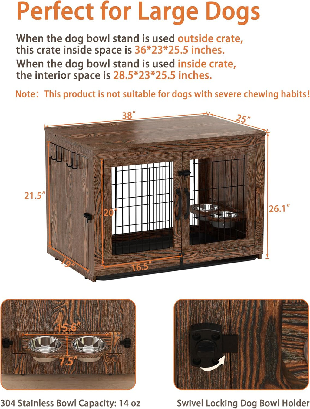 Piskyet Wooden Dog Crate Furniture with 360°Rotatable Removable Dog Bowls, Dog Crate End Table with Tray(L:37.7' L*25.1' W*26.1' H, Rustic Brown)