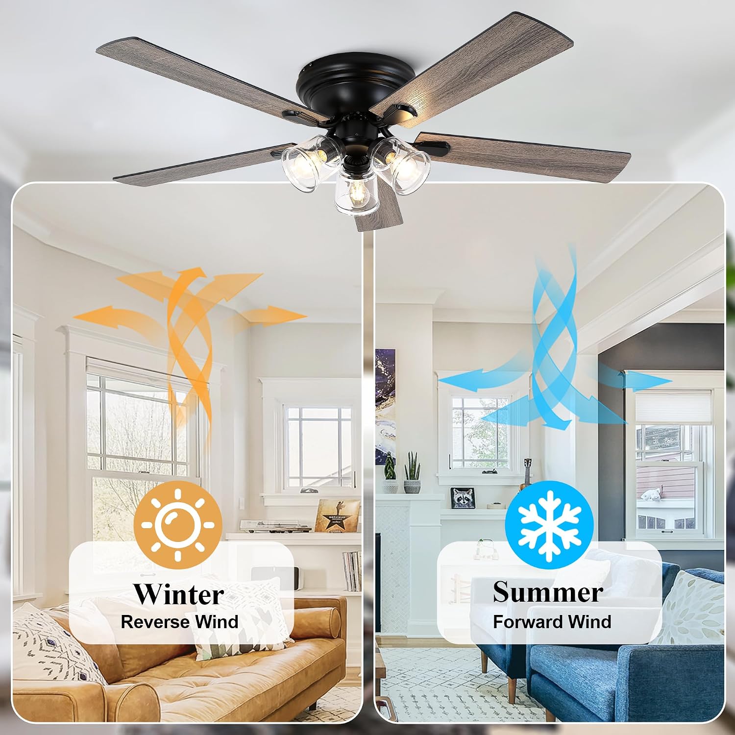 Dawn Whisper 52 Inch Flush Mount Farmhouse Ceiling Fans with Lights Vintage Ceiling Fan with 3 Bulb Lights Remote for Bedroom Living Room Kitchen