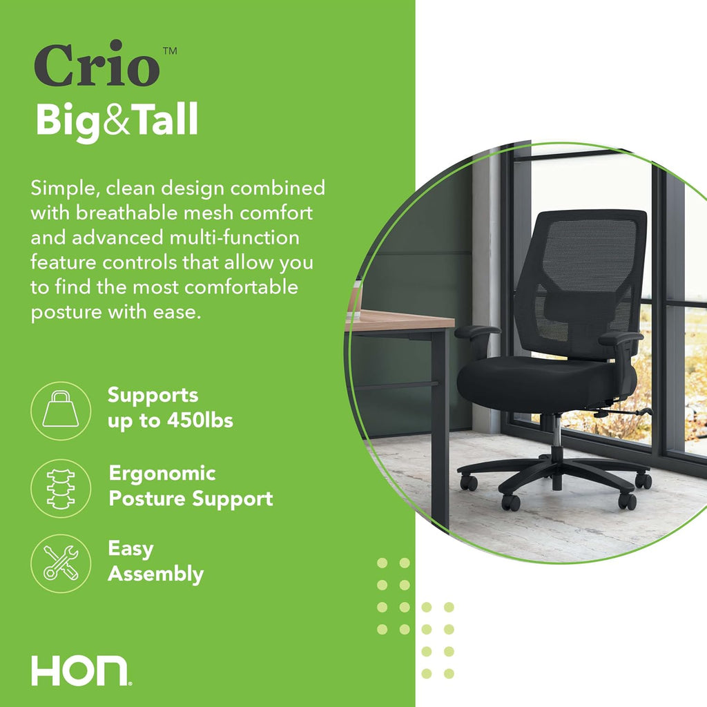 HON Crio Big and Tall Ergonomic Mesh Office Chair, Extra‑Wide High‑Back Desk Chair with Adjustable Arms, Lumbar Support, Heavy‑Duty Tilt Recline, Swivel Wheels, Black Frame, Black