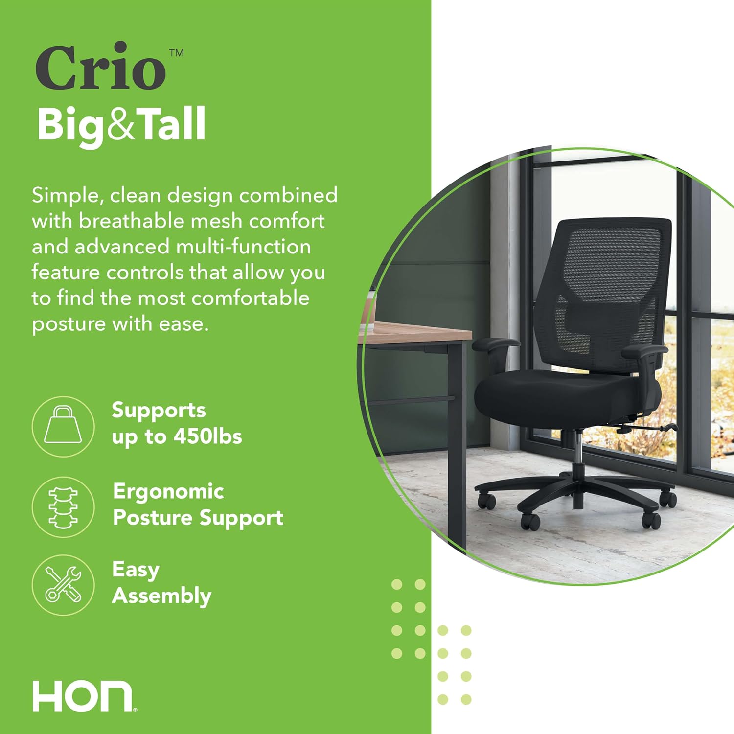 HON Crio Big and Tall Ergonomic Mesh Office Chair, Extra‑Wide High‑Back Desk Chair with Adjustable Arms, Lumbar Support, Heavy‑Duty Tilt Recline, Swivel Wheels, Black Frame, Black