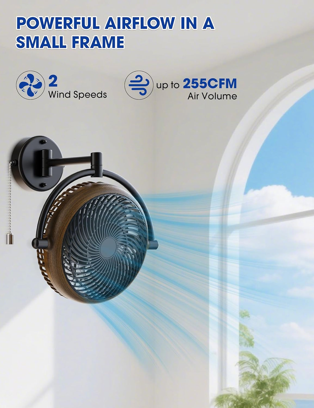 Wall Mount Fans with Pull Chain, 10 Inch Wall Fans Quiet Oscillating Wall-Mounted Fan, Adjustable Folding Arm, 2-Speed Plug-in Fan for Bedroom, Living Room, Bathroom, Patio, Kitchen, Black/ Walnut