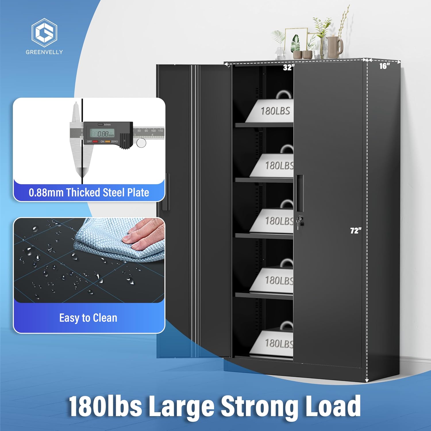 Greenvelly Metal Cabinet, 72' Black Locking Metal Storage Cabinet with 2 Doors and 4 Adjustable Shelves, Lockable Garage Storage Cabinets for Home Office, Garage, Kitchen, Living Room