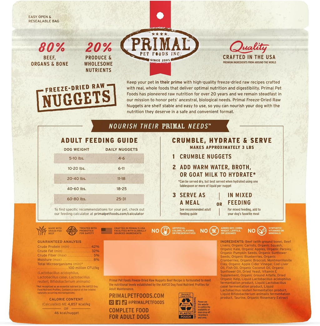 Primal Freeze Dried Dog Food Nuggets, Beef; Complete & Balanced Meal; Also Use as Topper or Treat; Premium, Healthy, Grain Free, High Protein Raw Dog Food, 14 oz (Pack of 4)