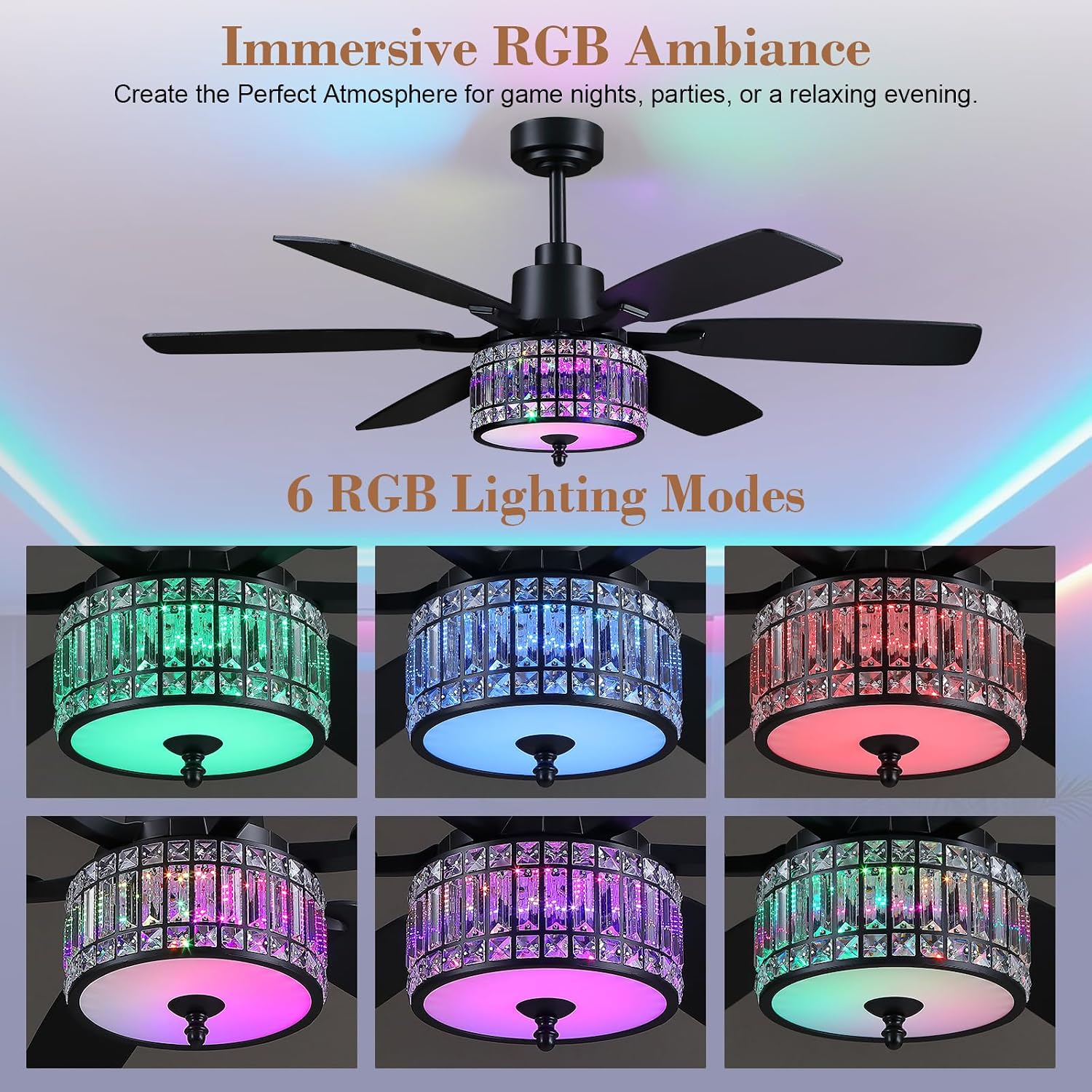 Kviflon 52 Inch Crystal Ceiling Fan with RGB Lights and Remote/APP Control, Black Fandelier Ceiling Fan with Light, Modern Chandelier Ceiling Fan for Bedroom Living Room, Quiet DC Motor, Dimmable LED