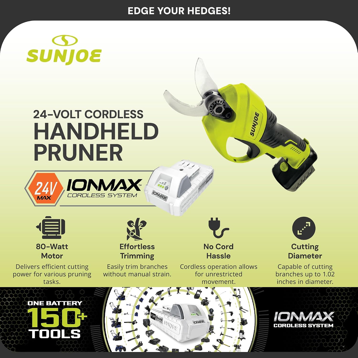 Sun Joe Cordless Handheld Pruner with Battery, Charger & Steel Blades, 80W Motor - Portable and Battery-Operated Gardening Tool Shears for Trimming Wood, Tree Branches, Twigs, and Stems, 24V-PRN1-LTE