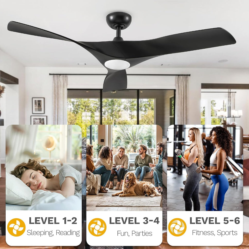 DWVO Ceiling Fan with Light, 52' Ceiling Fan with Remote, LED Tri-Color Temperature, 3 Blade Ceiling Fans Reversible 6 Speeds w/Quiet DC Motor for Bedroom, Living Room, Dining Room, Patio