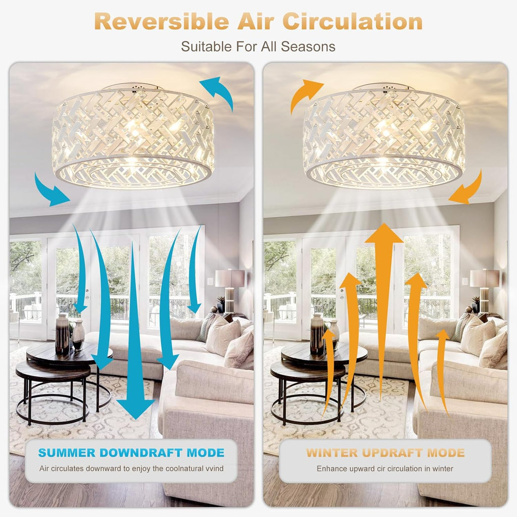 18 Inch Caged Ceiling Fan with Light and Remote, Rustic White Flush Mount Fandelier Ceiling Fan with Remote & App Control, Quiet DC Motor Low Profile Crystal Ceiling Fan for Bedroom, Kitchen