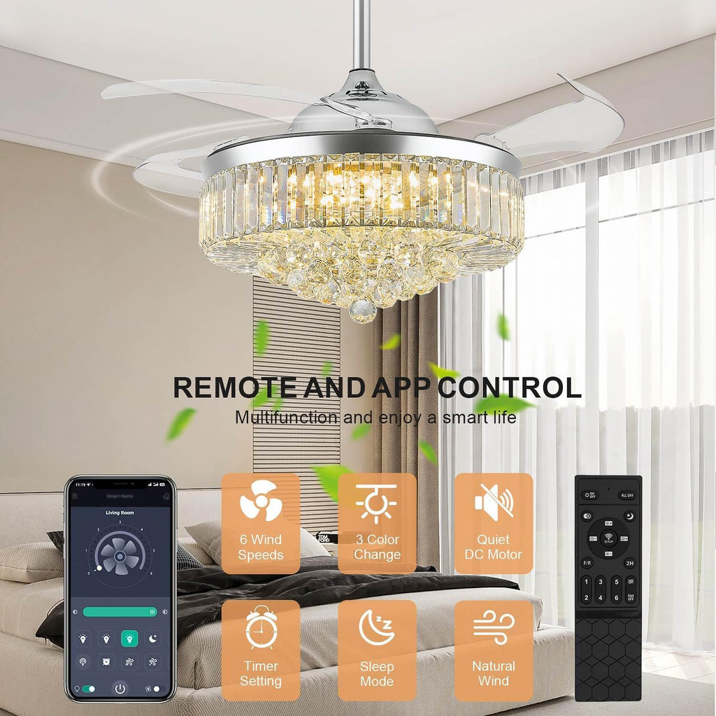 42'' Fandelier Ceiling Fans with Light, Chandelier Ceiling Fan, Retractable Ceiling Fan for Bedroom, Living Room, 3 Color Change, LED Dimmable, 6 Speeds, Reversible DC Motor- Chrome