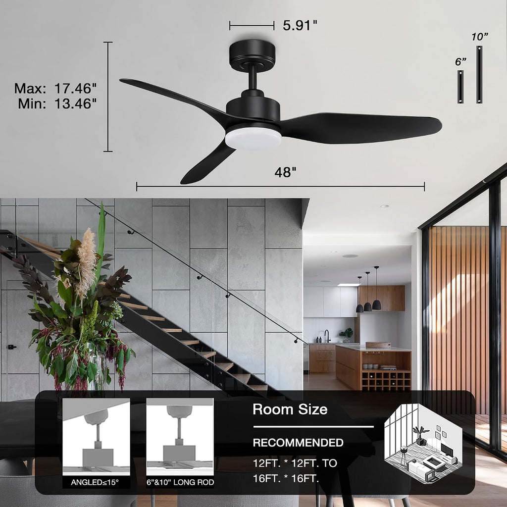 Hoenofly 48' Smart Ceiling Fans with LED Lights Remote,Quiet DC Motor,Dimmable,Outdoor Indoor Modern Ceiling Fan Controlled by WIFI Alexa App,3 Black Blades for Bedroom Living Room Patio Porch
