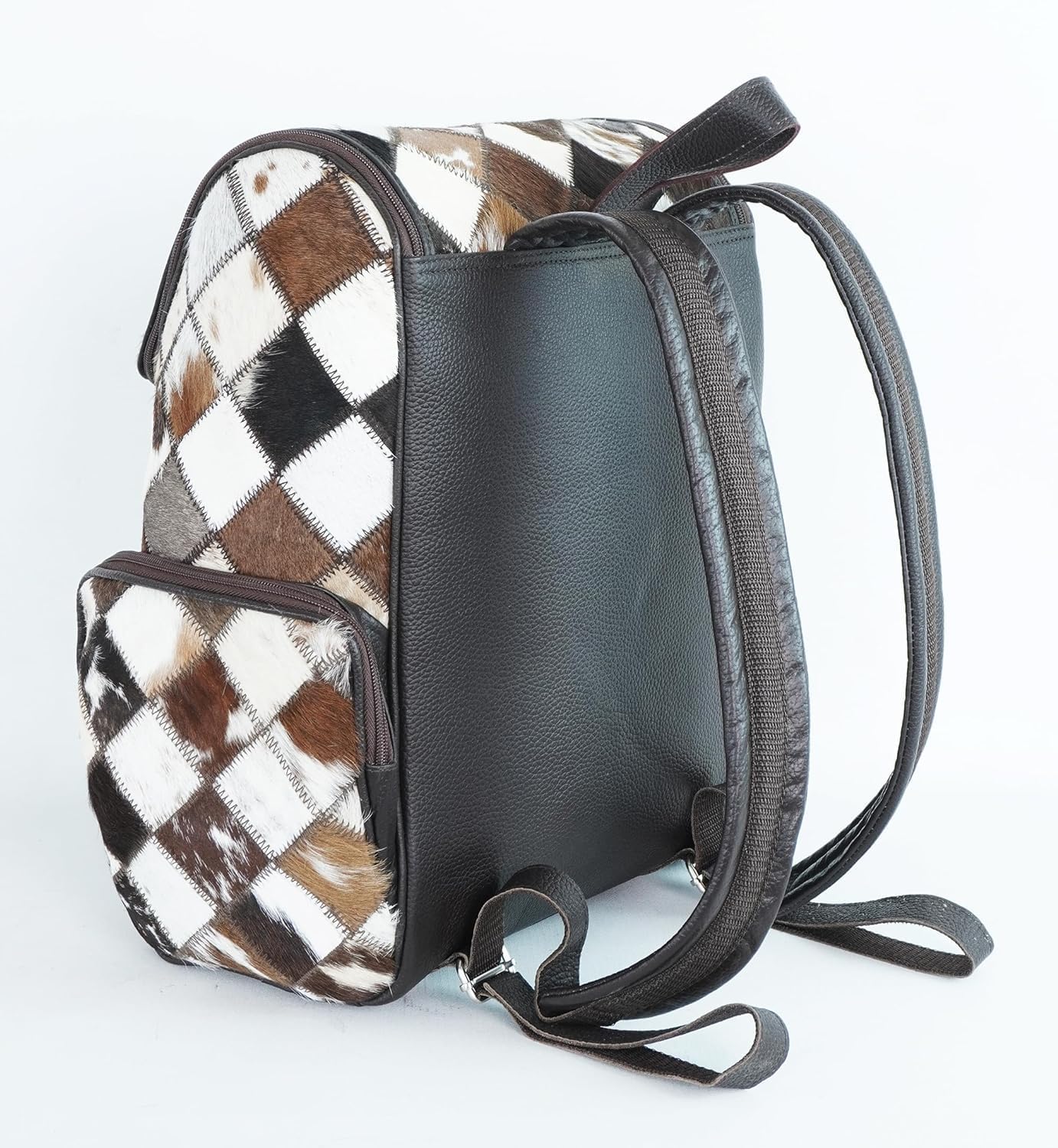 Western Brown Patchwork Cowhide Leather Backpack - Everyday Travel Backpack - Genuine Leather Cow Print Checkered Diaper Bag