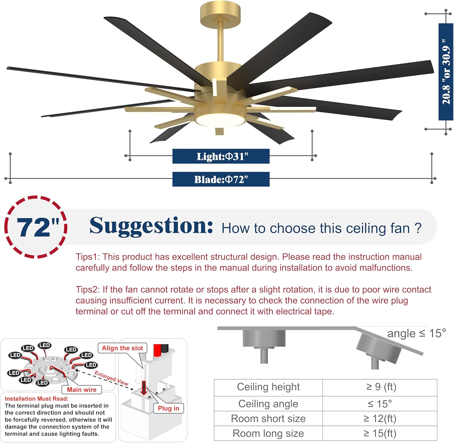 72 inch Large Ceiling Fans with Lights and Remote，Indoor/Outdoor Modern Ceiling Fan for Living Room Patio，6 Speed Reversible，8 Blades and 9 Lights，3 CCT，Black Gold