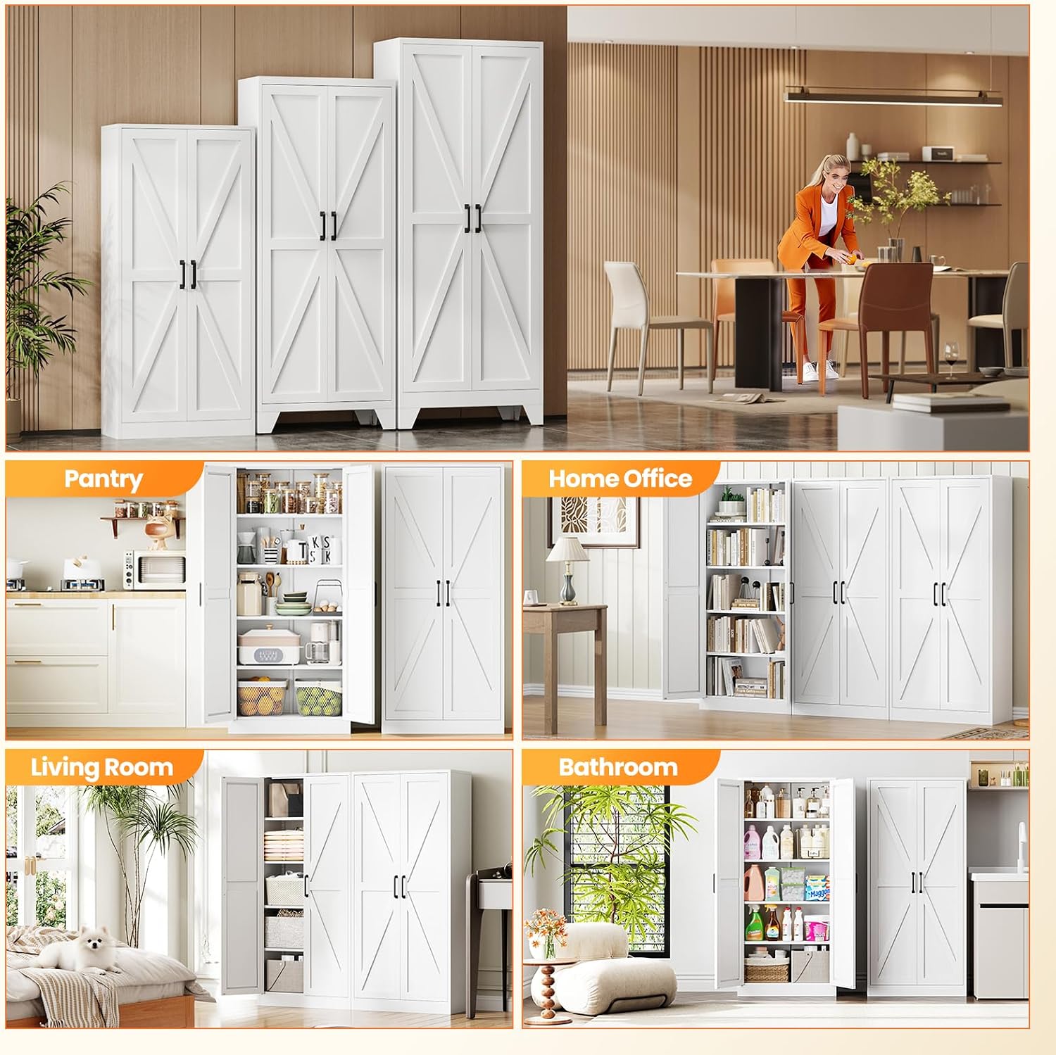 Metal White Storage Cabinet with 2 Doors and 4 Adjustable Shelve, 61' Tall Kitchen Pantry cabinets, Farmhouse Food Pantry Cabinet,5 Tier Freestanding Barn Door Cupboard for Kitchen Dining/Living Room