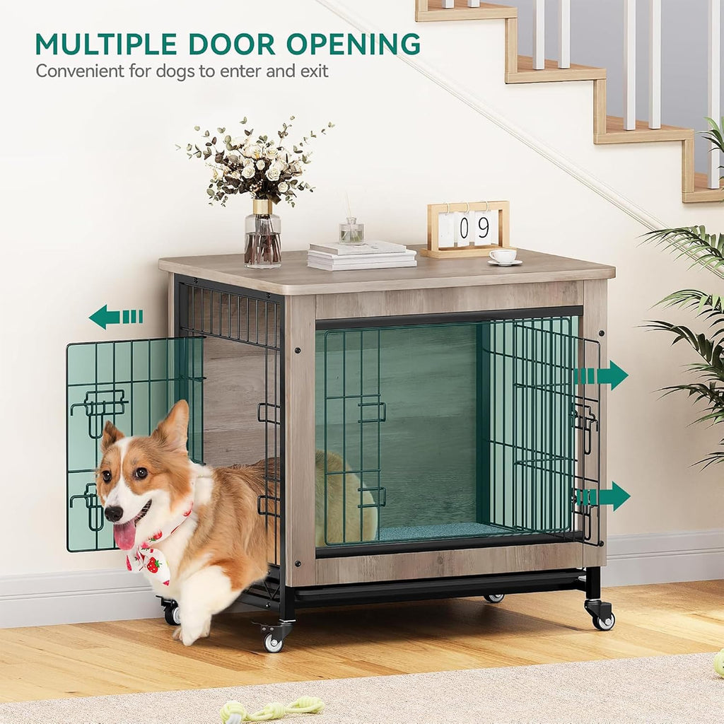 YITAHOME Dog Crate Furniture with Cushion, Dog Kennel Indoor with Wheels, Dogs Crate End Table with Tray, 27' Cage with Double Doors for Small Dogs (Gray)