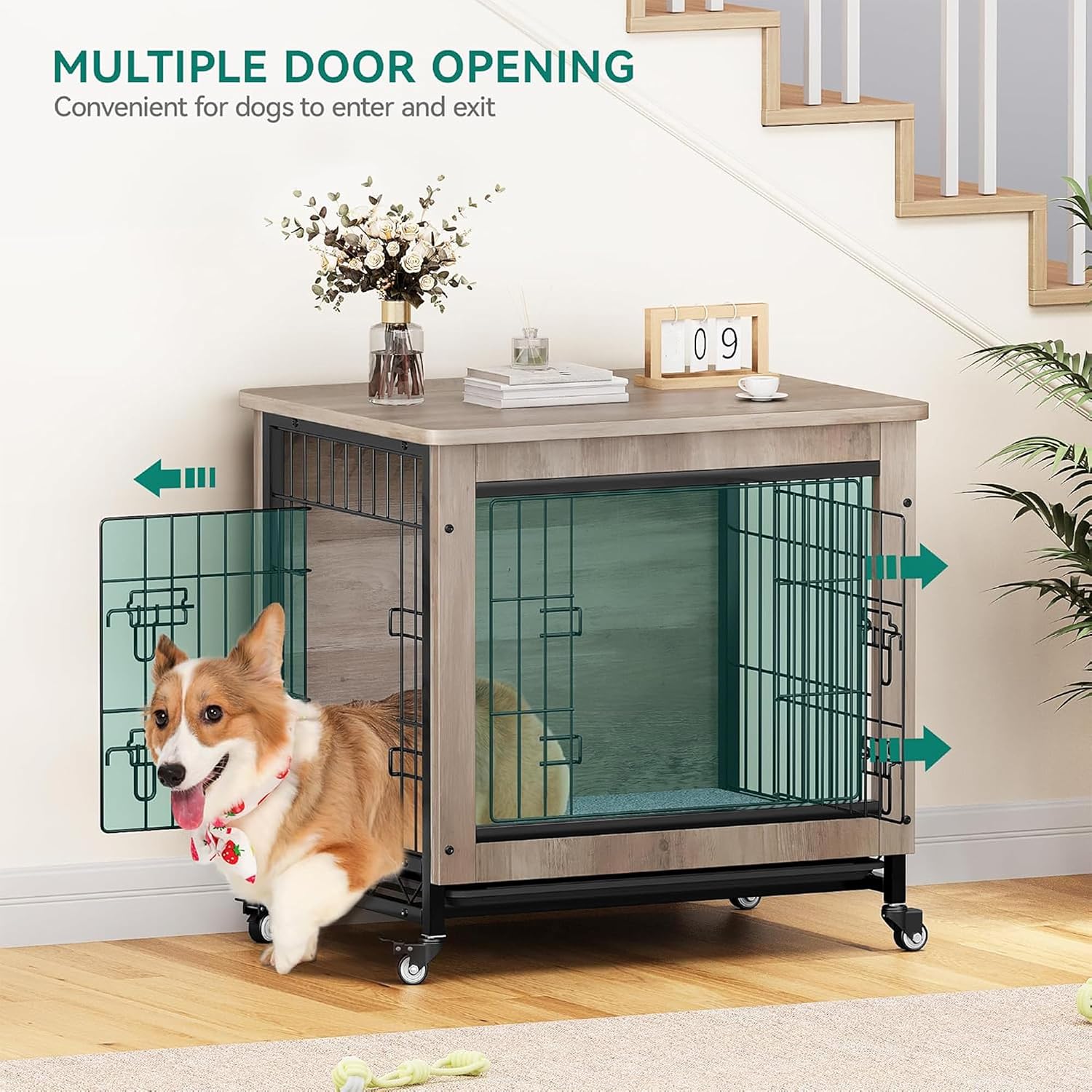 YITAHOME Dog Crate Furniture with Cushion, Dog Kennel Indoor with Wheels, Dogs Crate End Table with Tray, 27' Cage with Double Doors for Small Dogs (Gray)