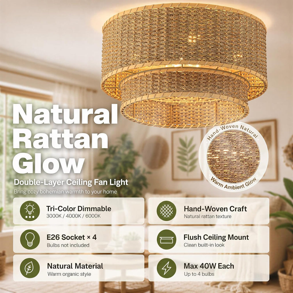 Boho Rattan Ceiling Fan with Light, Flush Mount Woven Fandelier with Remote,2-Tier Layered Caged Ceiling Fan Light Fixture, 6-Speed Reversible Low Profile Fan for Bedroom Kitchen Dining Room