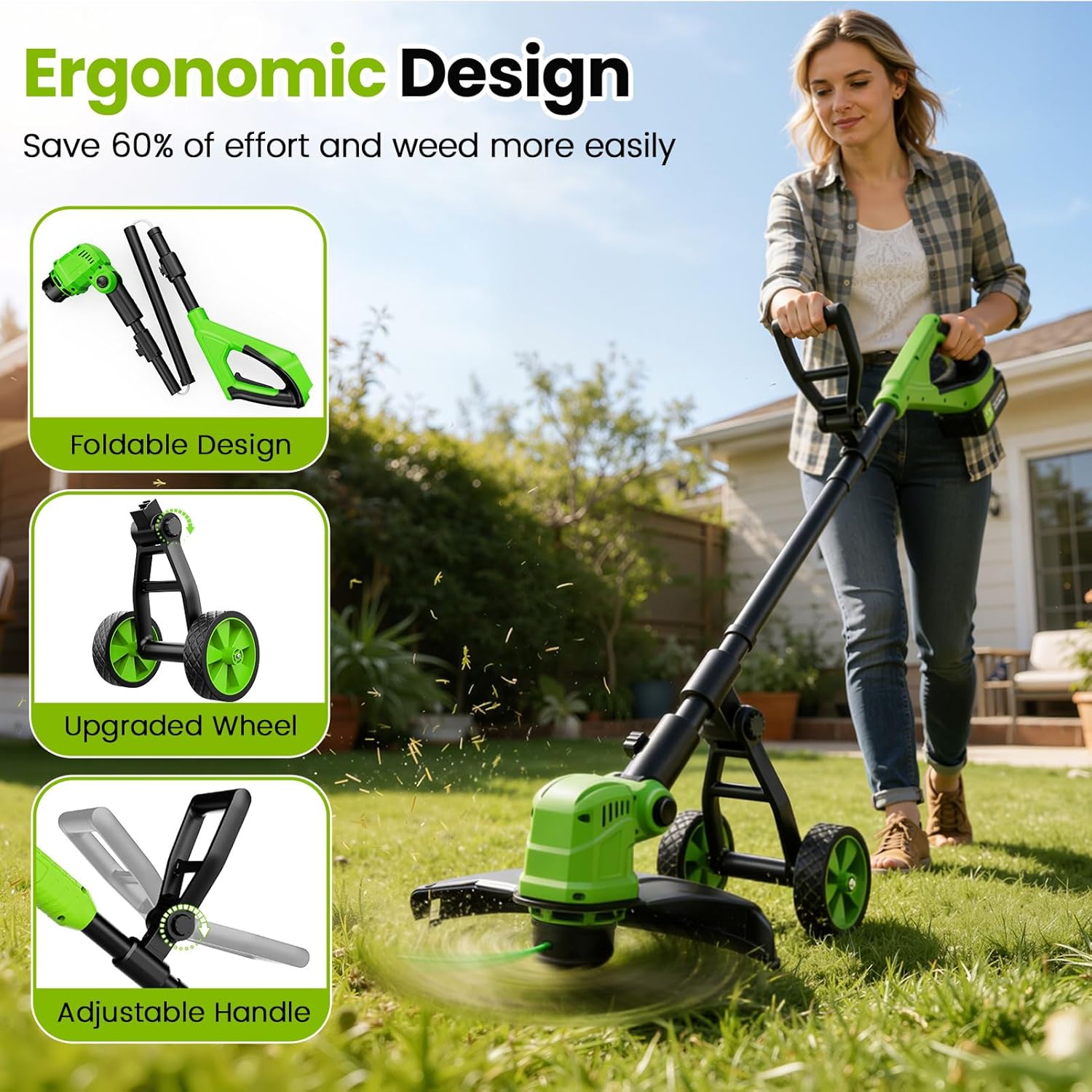 14' Electric String Trimmer Cordless Battery Powered Weed Eater with Wheel, 3-in-1 Cordless Grass Trimmer/Electric Weed Wacker/Edger, Weed Trimmer with 8 Replacement Spools for Garden, Lawn (Green)