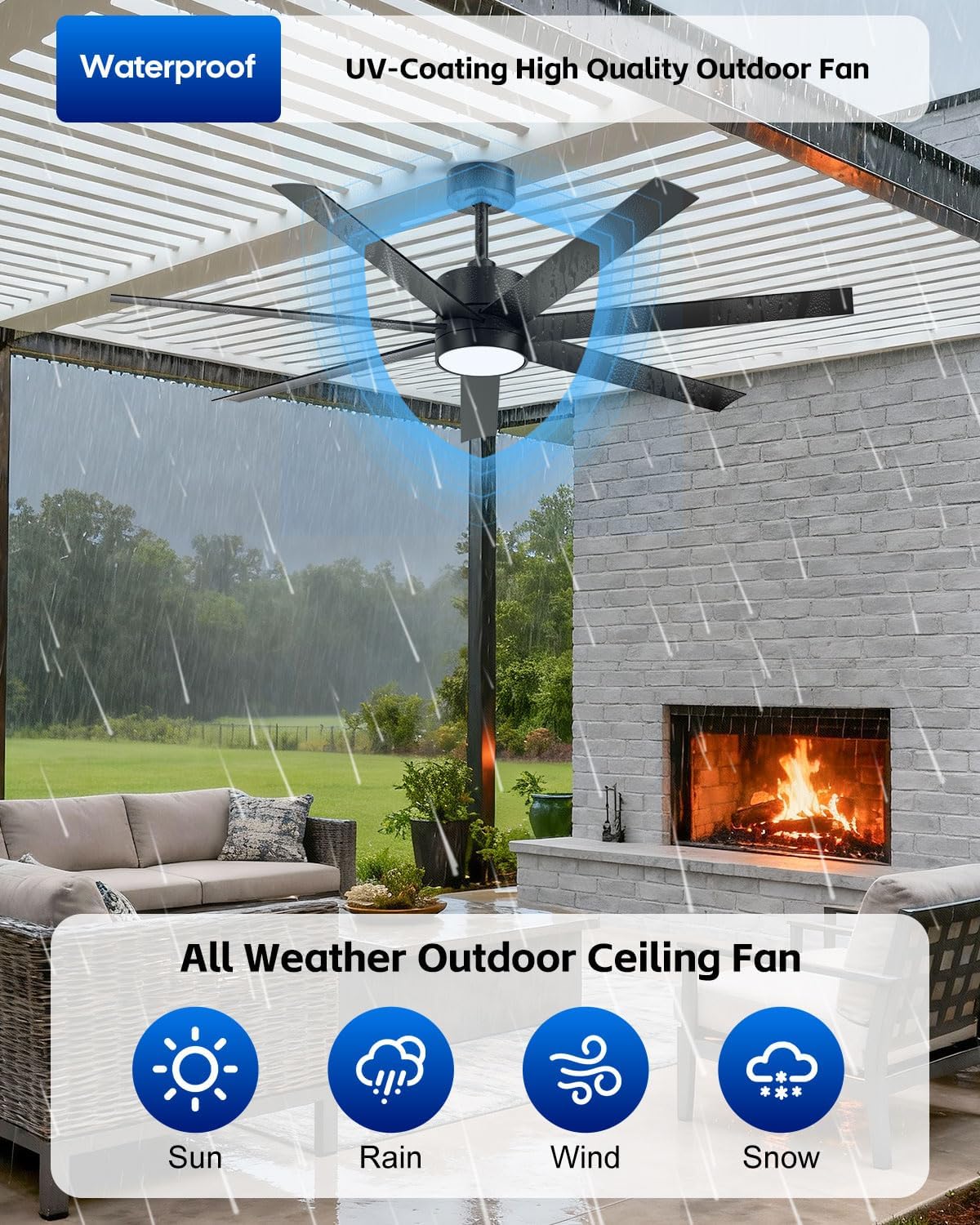 56 Inch Wet Rated Outdoor Smart Ceiling Fan with Light for Patio, All-Weather Waterproof, ETL Listed Quiet DC Motor High CFM, 7 Black Blades with UV Coating, Alexa/App/Remote, for Exterior Gazebo
