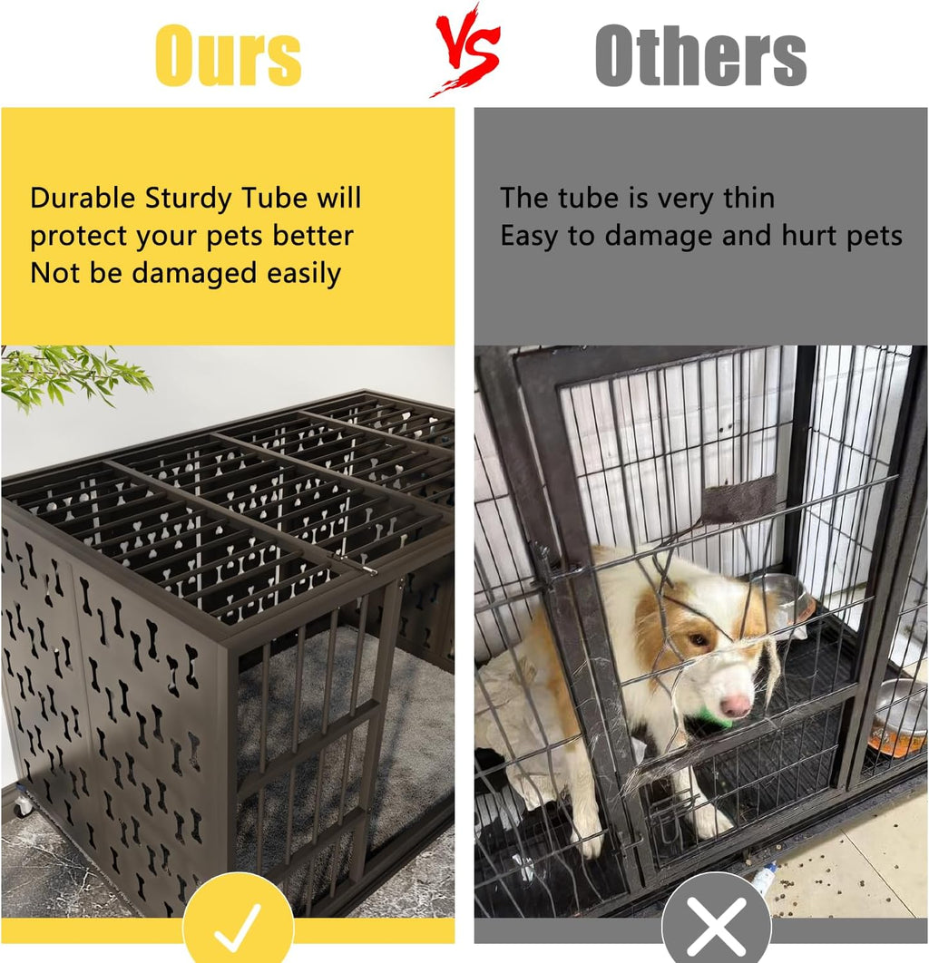 LEMBERI 48' Heavy Duty Indestructible Privacy Enclosed Dog Crate with Mat, 500lbs Capacity Escape Proof Dog Kennel, 36' Tall High Anxiety XL Metal Dog Cage with Lockable Wheels, Removable Tray, Black