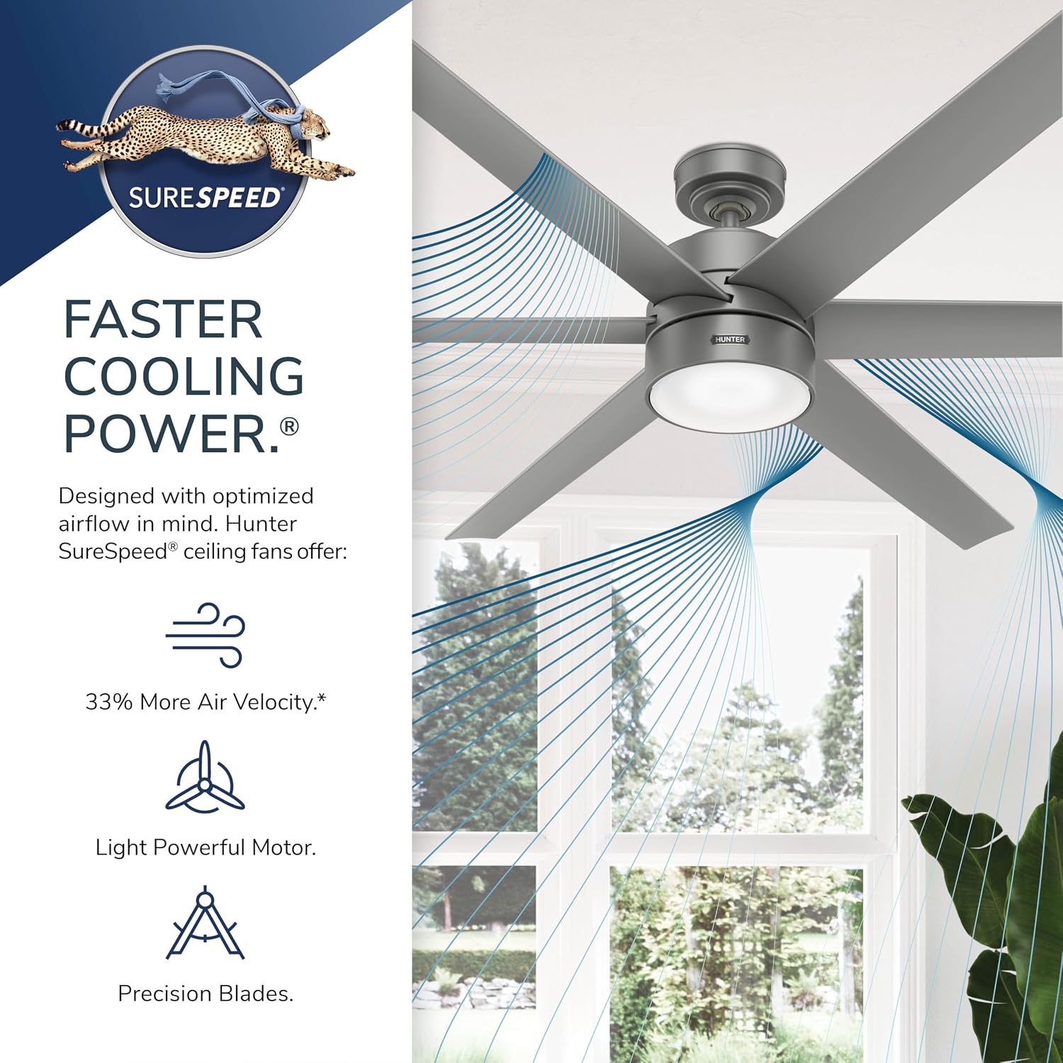 Hunter 72 inch Outdoor or Indoor Ceiling Fan with LED Light - Black Ceiling Fan with Wall Control, For Patio, Garage, or Porch, Quiet, Standard Mount, 6 Blades - Solaria 59628, Matte Black