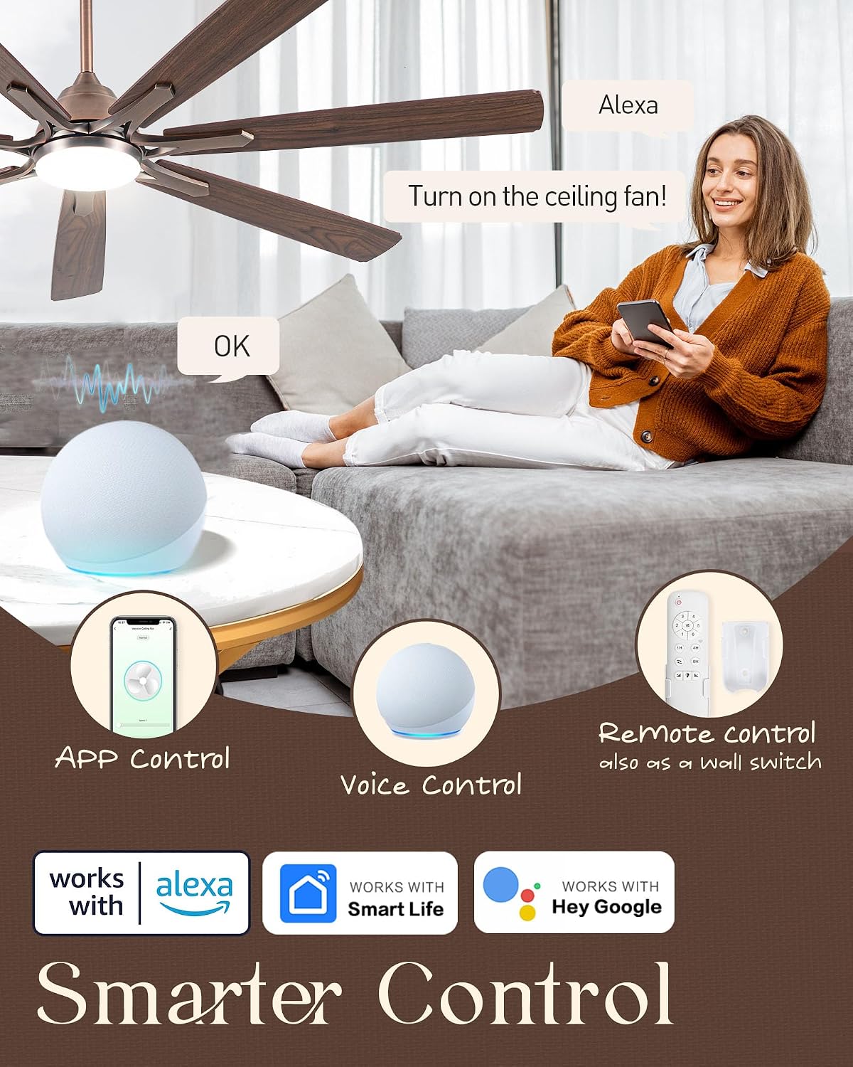Minislak 72' Oil Rubbed Bronze Smart Ceiling Fan with Light via WiFi Alexa,6-Speeds Quiet DC Motor,Dimmable,Outdoor Antique Bronze Large Ceiling Fan for Living Room,Patio,Dual Finish 7 Blades