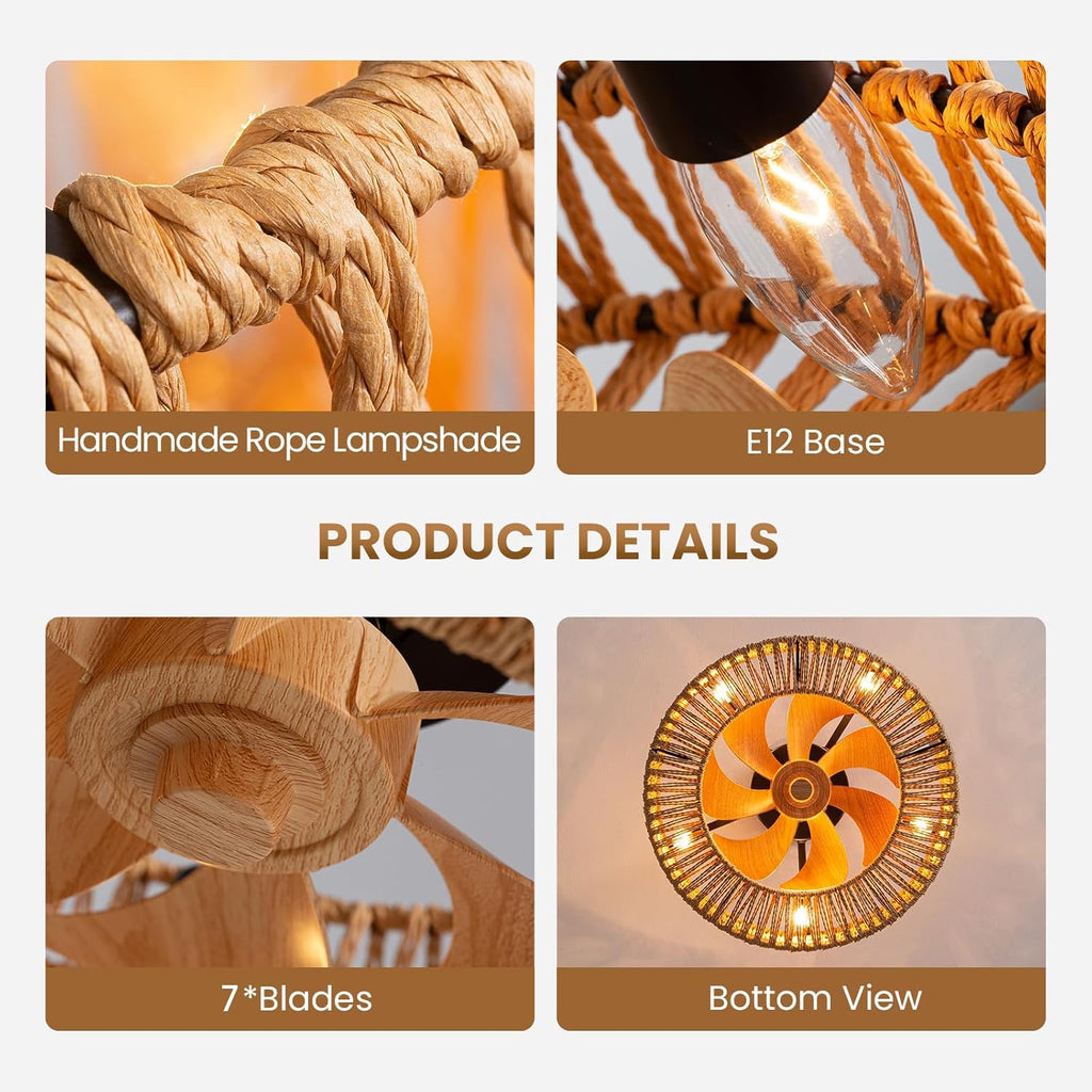 Boho Caged Ceiling Fan with Light, 18 inch Rattan Ceiling Fan with Light, Boho Fandelier, Farmhouse Fandelier Low Profile Cei ling Fan for Bedroom Kitchen Living Room Kids Room