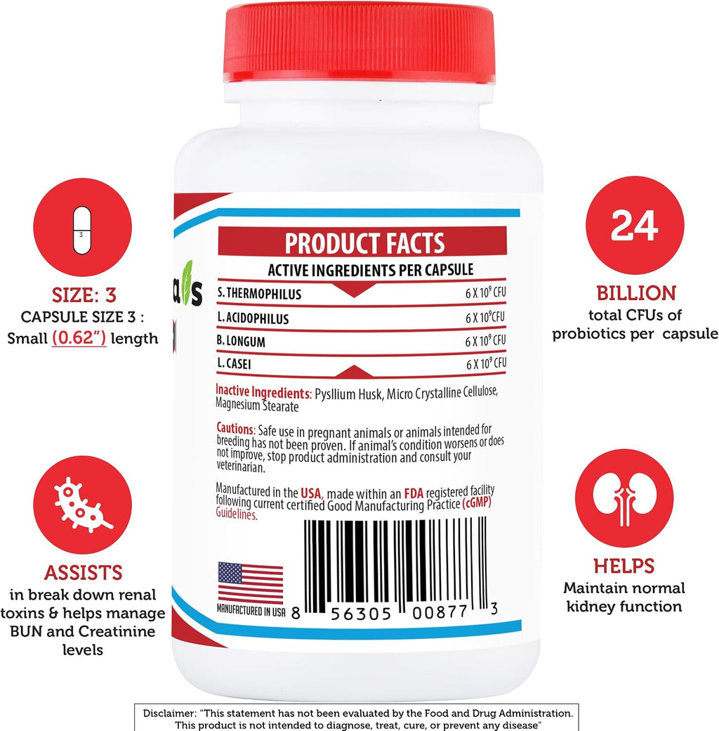 Azovast Plus Kidney Health Supplement for Dogs & Cats -24 Billion CFU- NO Refrigeration Required - Help Support Kidney Function & Manage Renal Toxins - Renal Care Supplement Capsule(U.S.A) (240 Caps)