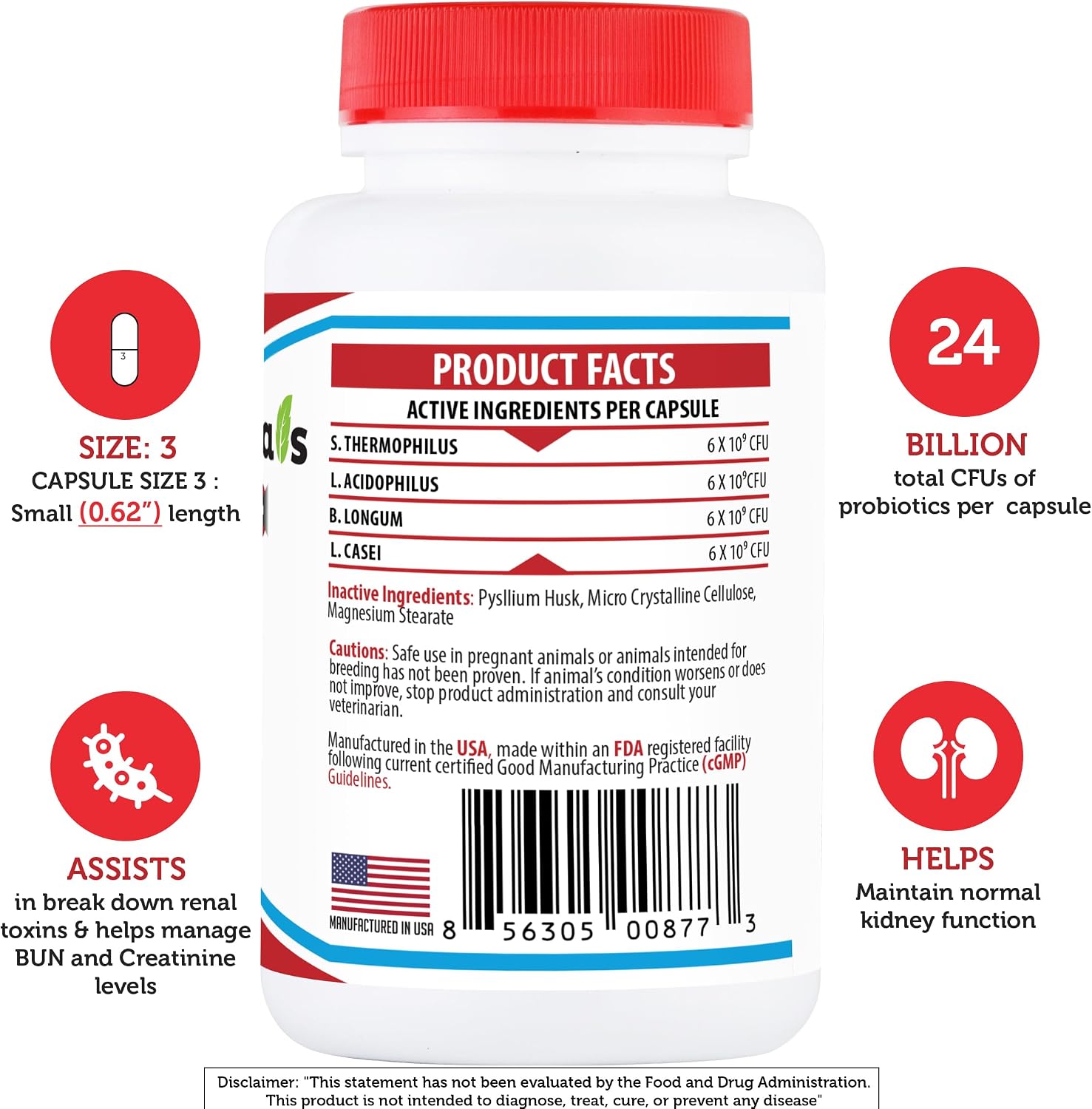 Azovast Plus Kidney Health Supplement for Dogs & Cats -24 Billion CFU- NO Refrigeration Required - Help Support Kidney Function & Manage Renal Toxins - Renal Care Supplement Capsule(U.S.A) (240 Caps)