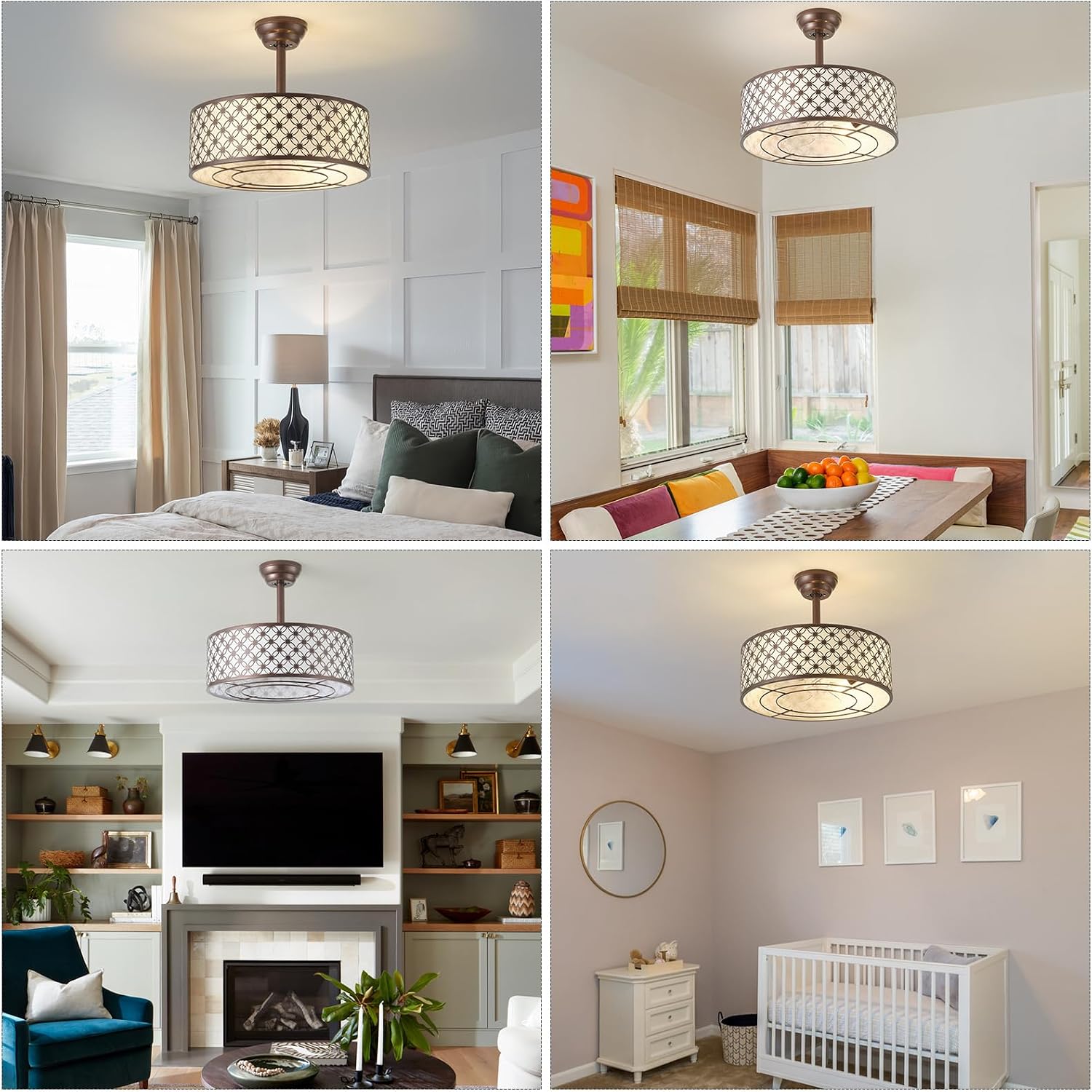 Brown Fandelier Ceiling Fan with Light, 20' Caged Brown Chandelier Ceiling Fans with Lights Remote Control, Fabric Mid-Century Modern with 6 Speeds for Bedroom, Nursery, Living Room.