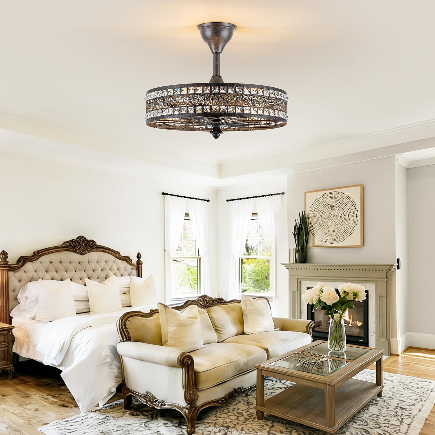 Chandelier Ceiling Fan with Light, Vintage Crystal Victorian Art Deco Elegant Fandelier, Caged Bladeless Enclosed Drum Pendant Light Fixture for Dining Room, Bedroom, Kitchen Island, Entryway