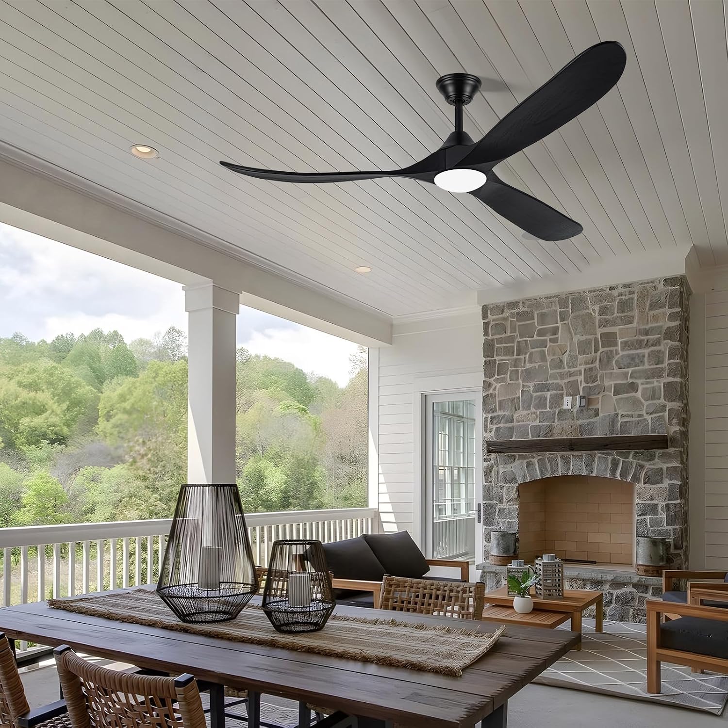 70 Inch Smart Outdoor Ceiling Fans for Patios with Light, Large Black Modern Low Profile Ceiling Fan with Remote Control, 3 Blade Wood Propeller Dc Ceiling Fan for Indoor Outside Porch Gazebo
