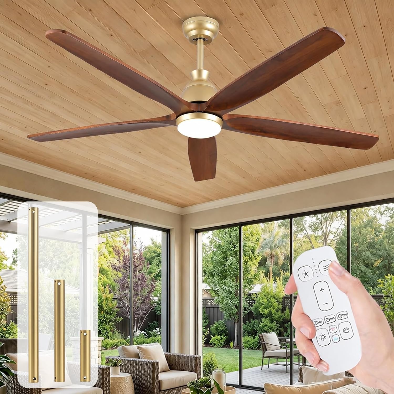 60 Inch Ourdoor Gold Ceiling Fan with Light, 5 Walnut Wood Blade Damp-Rated, Indoor Exterior High CFM Propeller for Patio Farmhouse, 6 Speeds Quiet Reversible DC Motor, for Living Room Porch