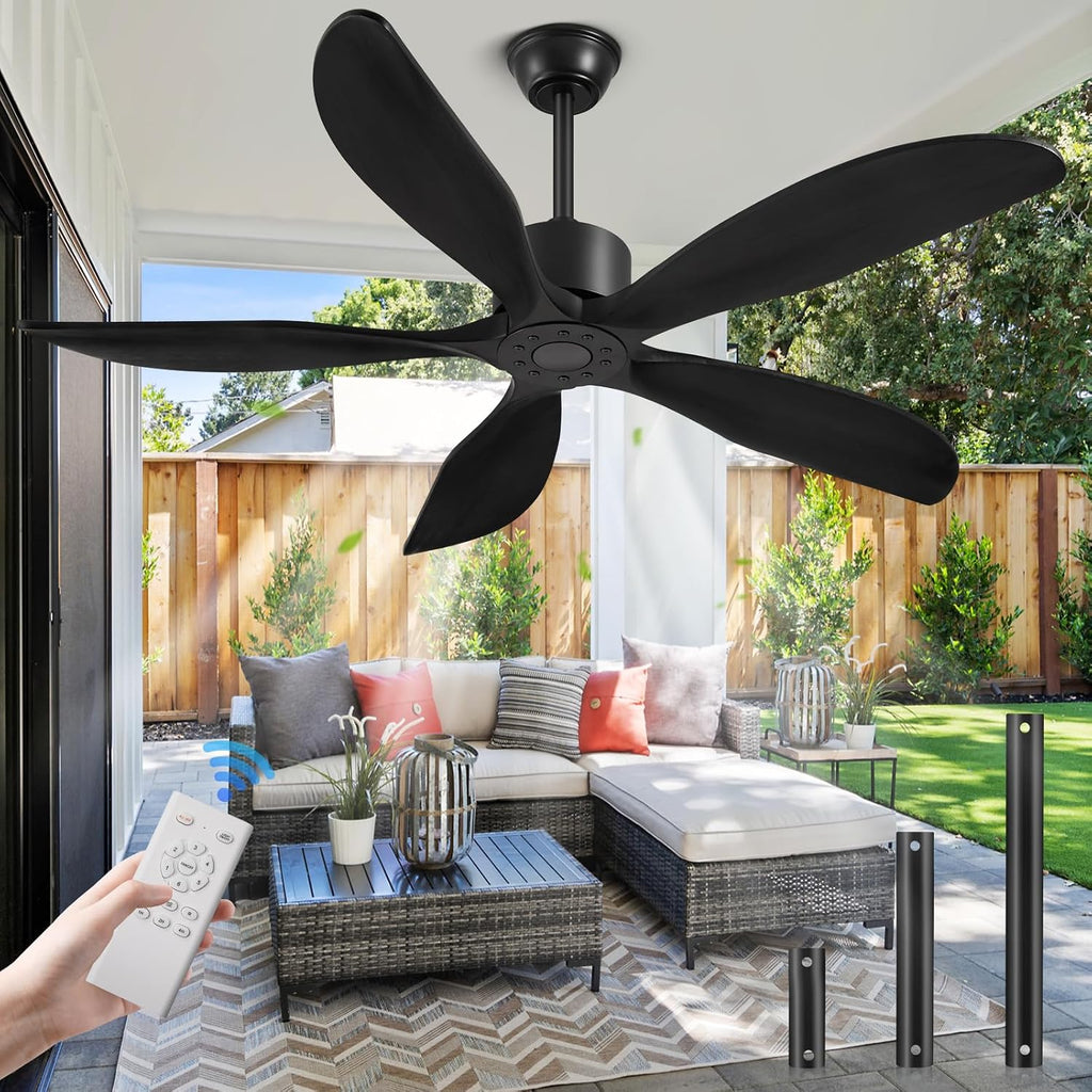 Yahada 52 Inch Ceiling Fan No Light with Remote, USA Original Patent Outdoor Ceiling Fans without Lights, 5 Wood Blades, 3 Downrods, Timer, 6 Speeds ETL DC Motor Ceiling Fans for Patios Bedroom, Black