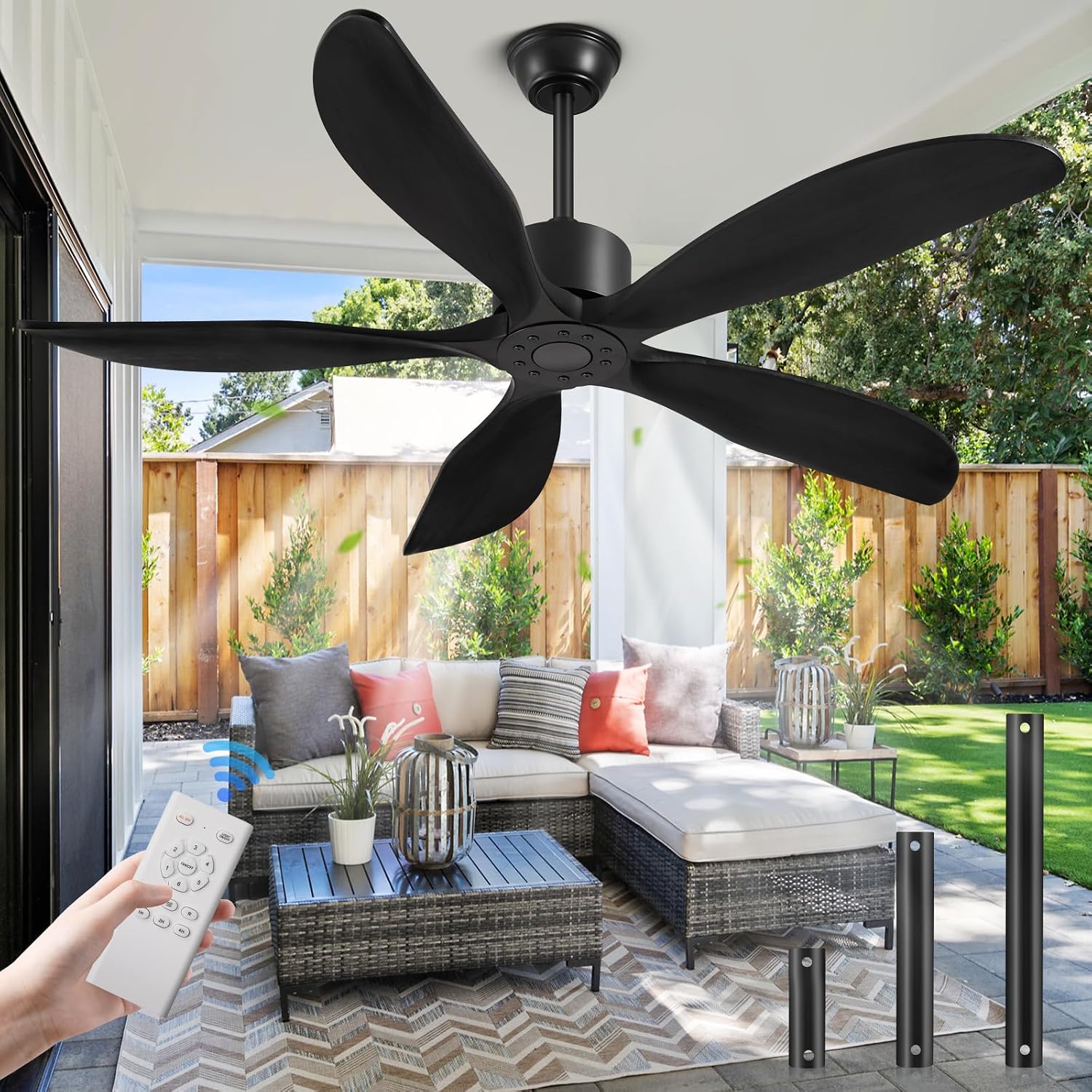 Yahada 52 Inch Ceiling Fan No Light with Remote, USA Original Patent Outdoor Ceiling Fans without Lights, 5 Wood Blades, 3 Downrods, Timer, 6 Speeds ETL DC Motor Ceiling Fans for Patios Bedroom, Black