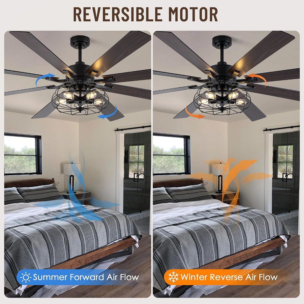 72 Inch Caged Ceiling Fans with Lights and Remote,Industrial Caged Rustic Retro Chandelier Ceiling Fan with Reversible Motor,8 Double Colour Blades for Dining Room Living Room Bedroom Porch Patio