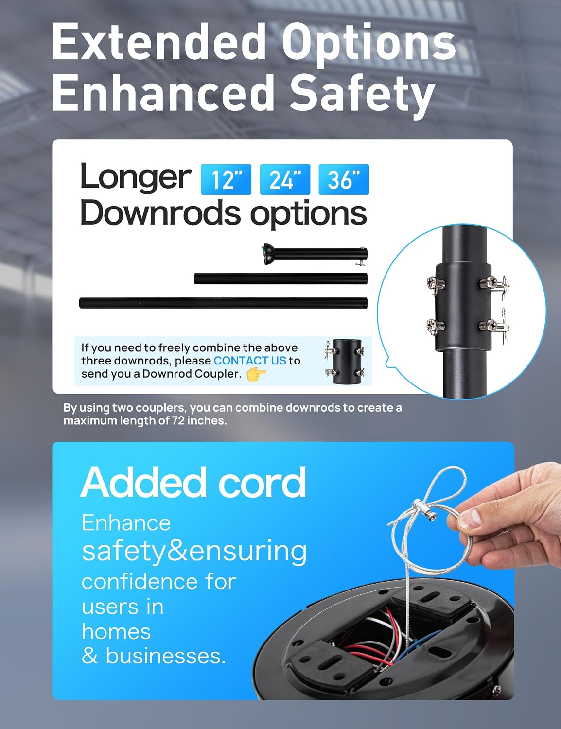 Minislak 100 Inch Large Industrial HVLS Ceiling Fan with 6 Black Double-Layer Aluminum Blades,High CFM Ceiling Fan with Light and Remote,12/24/36in Downrod,Quiet DC Motor Outdooor Fan for Patio