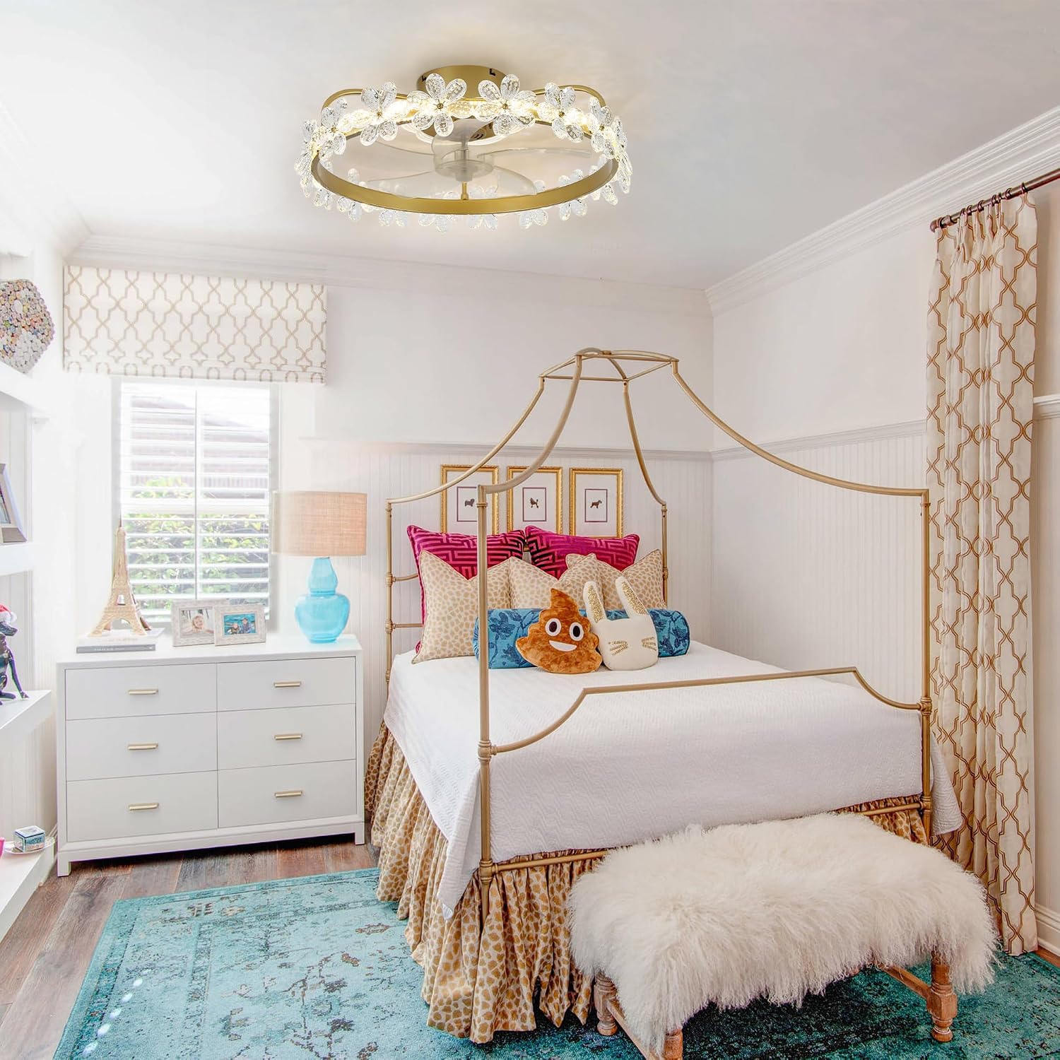 Fandelier Ceiling Fan with Light,Dimmable LED,6 Speeds,22'' Gold Ceiling Fan with Lights and Remote Control,Crystal Flower Ceiling Fan Chandelier for Kids Room/Daughter's Room/Girls Bedroom
