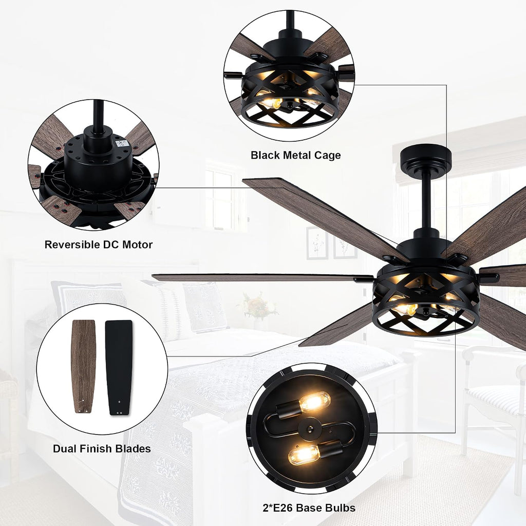 60' Farmhouse Ceiling Fan with Lights and Remote, Large Rustic Ceiling Fan Industrial Caged Fandelier Chandelier Light, Quiet DC Motor 6 Speed 6 Reversible Blades for Living Room Bedroom