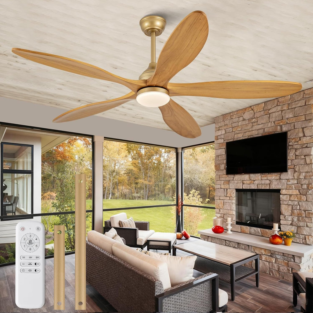 Dimmable 60 Inch Large Outdoor Ceiling Fan with Light and Remote, Wood Big Ceiling Fans with Lights and Remote Gold 5 Blade Outdoor Ceiling Fans for Patios Bedroom Living Room, 6 Speed DC Motor