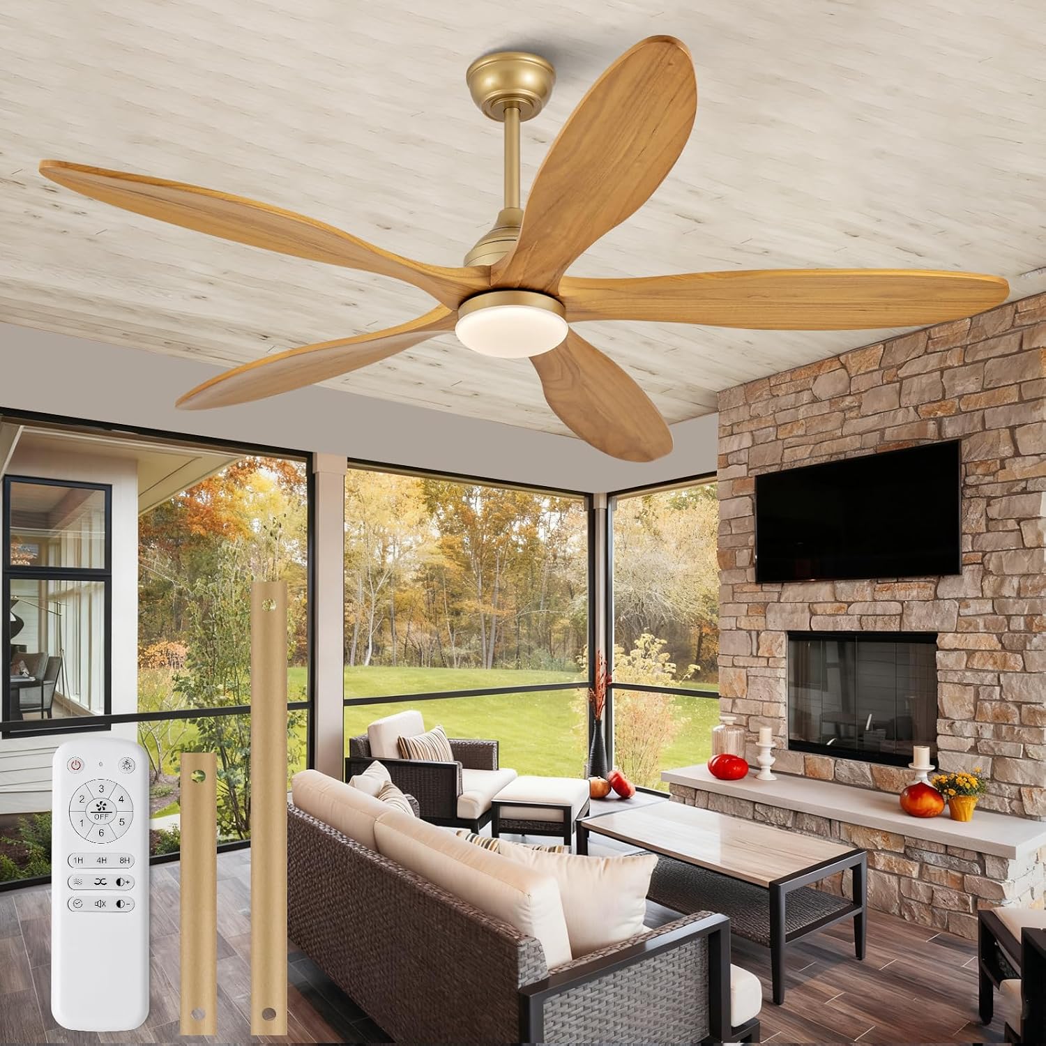 Dimmable 60 Inch Large Outdoor Ceiling Fan with Light and Remote, Wood Big Ceiling Fans with Lights and Remote Gold 5 Blade Outdoor Ceiling Fans for Patios Bedroom Living Room, 6 Speed DC Motor