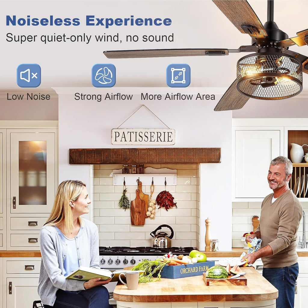 Depuley 52-Inch Ceiling Fans with Lights: Caged Ceiling Fans Dual Finish 5 Blades - Farmhouse Ceiling Fan with Remote Control for Rustic Living Room Outdoor Patio Reversible (Black Walnut)