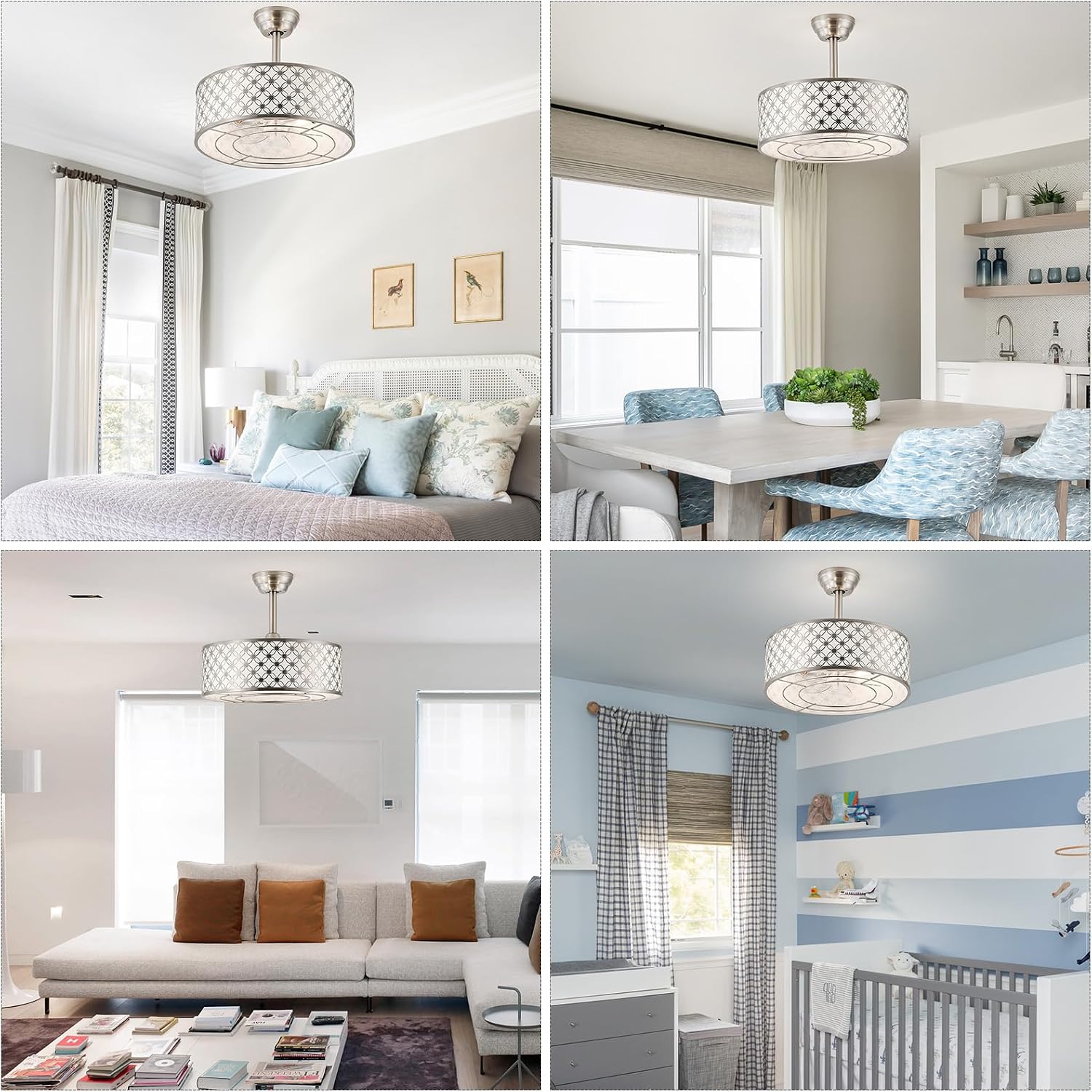 Silver Fandelier Ceiling Fan with Light, 20' Caged Silver Chandelier Ceiling Fans with Lights Remote Control, Fabric Mid-Century Modern with 6 Speeds for Bedroom, Nursery, Living Room.