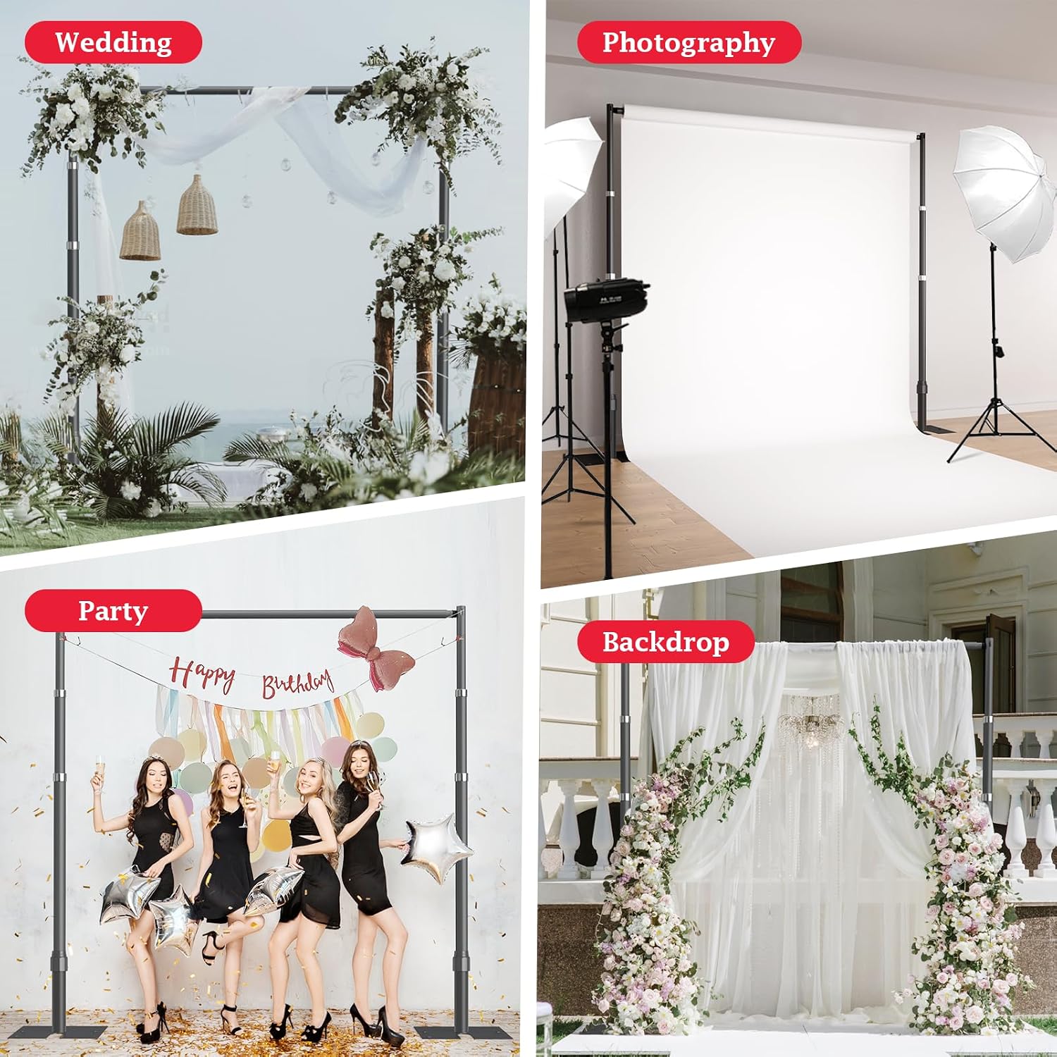 EMART Pipe and Drape Backdrop Stand Kit, 8.9ftx10ft Heavy Duty Adjustable Photo Background, Metal Frame with Flat Base for Wedding, Birthday Party, Banquet Decorations - Black